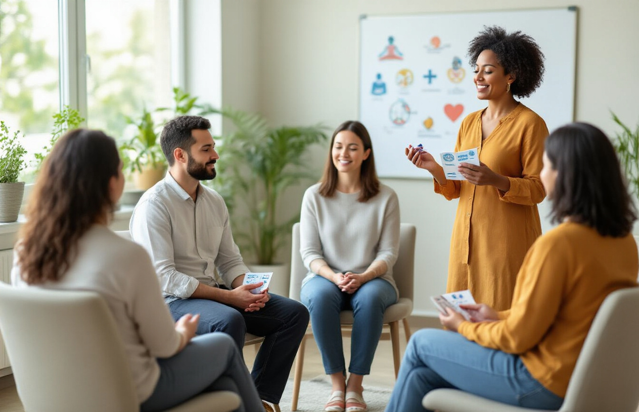 Create a realistic image of a diverse group of adults sitting in a supportive circle during what appears to be a financial wellness workshop, with a middle-aged black female facilitator standing nearby holding stress-relief materials like breathing exercise cards, while participants including a white male and Asian female are engaged in mindful activities, set in a bright, calming room with soft natural lighting, potted plants, and a whiteboard showing healthy coping strategies symbols like meditation icons and wellness charts, conveying a peaceful and constructive atmosphere focused on mental health and financial well-being, absolutely NO text should be in the scene.
