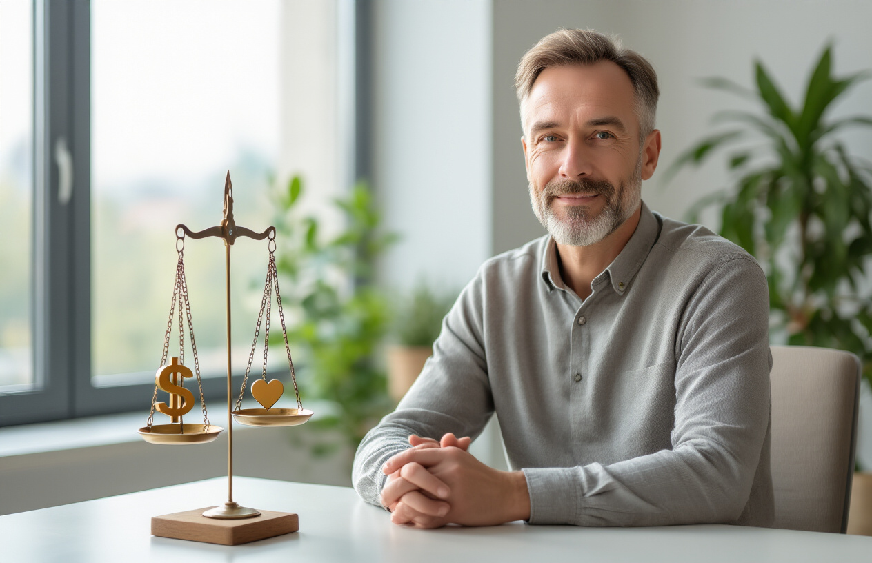 Create a realistic image of a peaceful middle-aged white male sitting in a modern minimalist office space with a calm expression, hands gently folded, with a balanced scale on the desk showing money symbols on one side and a heart symbol on the other, soft natural lighting streaming through large windows, plants in the background creating a serene atmosphere, representing harmony between financial success and mental well-being, absolutely NO text should be in the scene.