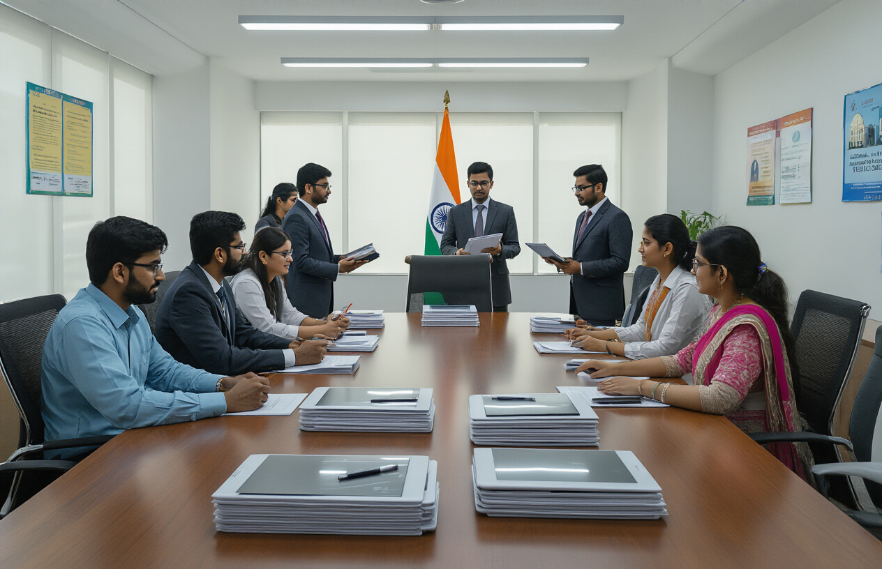 Create a realistic image of a modern government office or educational facility interior with a diverse group of young Indian adults (including both male and female students of various backgrounds) gathered around a sleek conference table, with stacks of modern tablets displayed prominently on the table, government officials in formal attire presenting documents and informational materials, bright fluorescent lighting illuminating the professional setting, Indian flag visible in the background, clean white walls with educational posters, and an atmosphere of official government program presentation, absolutely NO text should be in the scene.