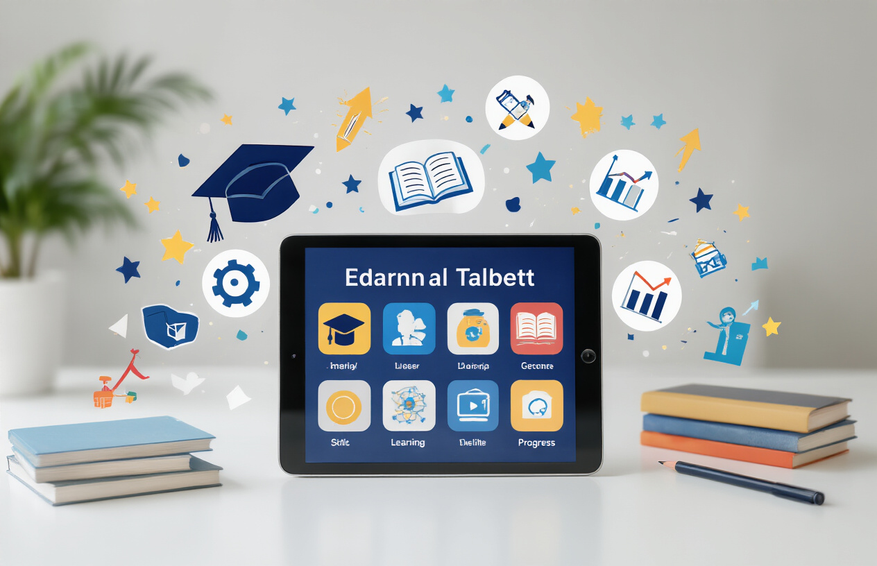 Create a realistic image of a modern tablet device displaying educational icons and learning apps on its screen, surrounded by symbolic benefits like a graduation cap, books, digital learning symbols, and upward trending arrows representing progress, all arranged on a clean white desk surface with soft natural lighting from the side, emphasizing the educational technology theme and government support for digital learning, absolutely NO text should be in the scene.