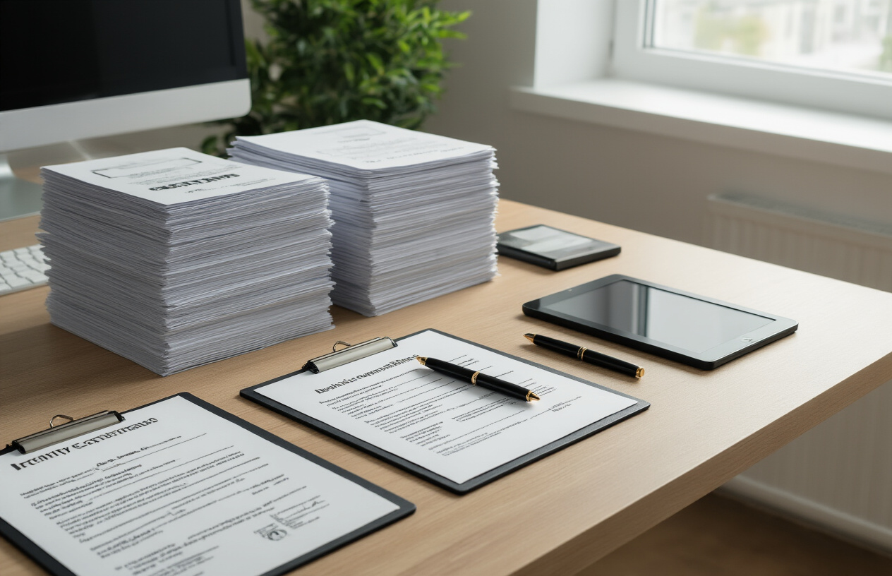 Create a realistic image of a modern office desk with organized stacks of official government documents, educational certificates, and identity papers spread across a clean wooden surface, alongside a sleek black tablet device, a pen, and a clipboard with application forms, set against a neutral office background with soft natural lighting from a window, conveying a professional administrative atmosphere for educational scheme applications, absolutely NO text should be in the scene.