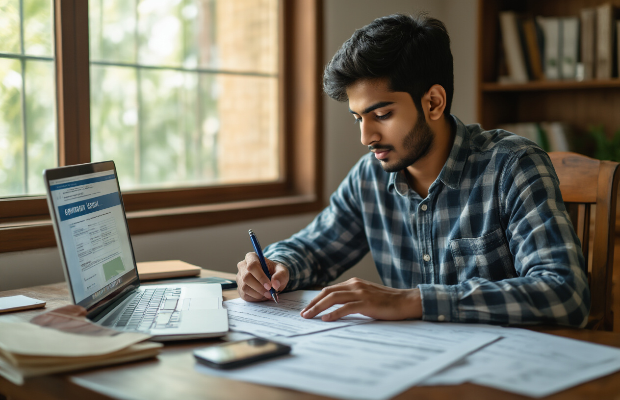 Create a realistic image of a young Indian male sitting at a wooden desk with a laptop computer open, surrounded by organized documents and application forms, with a smartphone displaying a government website nearby, a pen in his hand as he fills out paperwork, soft natural lighting from a window illuminating the workspace, creating a focused and professional atmosphere for completing official procedures, absolutely NO text should be in the scene.