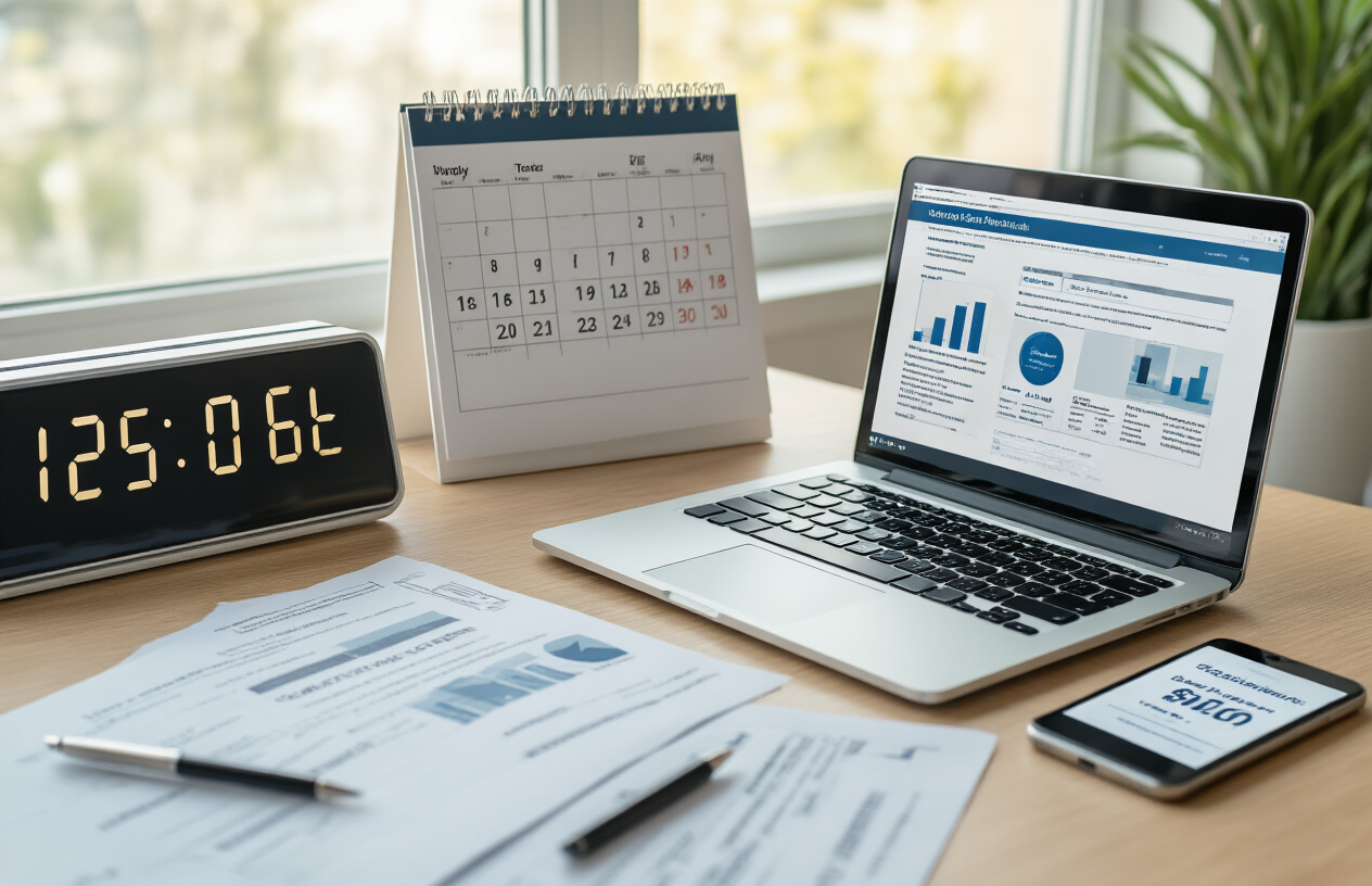 Create a realistic image of a modern office desk setup with a wall calendar showing important dates, a digital clock displaying time, scattered official documents and forms, a smartphone displaying contact information, and a laptop computer open to a government website, all arranged in a clean professional workspace with soft natural lighting from a window, conveying urgency and organization for deadline management, absolutely NO text should be in the scene.