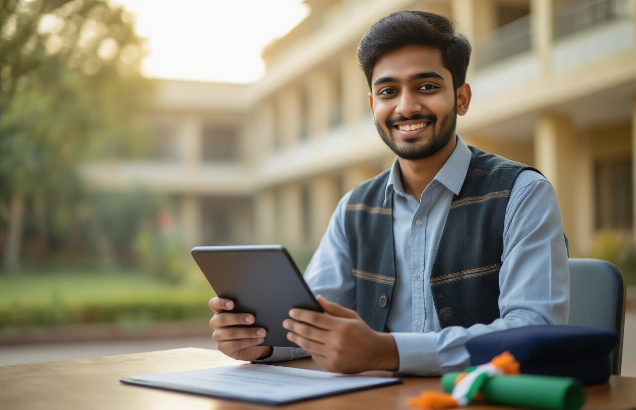 Create a realistic image of a young Indian male student sitting at a desk holding a modern tablet device with a satisfied expression, with Indian government office building blurred in the background, warm natural lighting suggesting hope and opportunity, graduation cap and DELED certificate visible on the desk beside him, Indian flag subtly placed in the scene, professional and optimistic atmosphere conveying successful completion of educational program and digital empowerment, absolutely NO text should be in the scene.