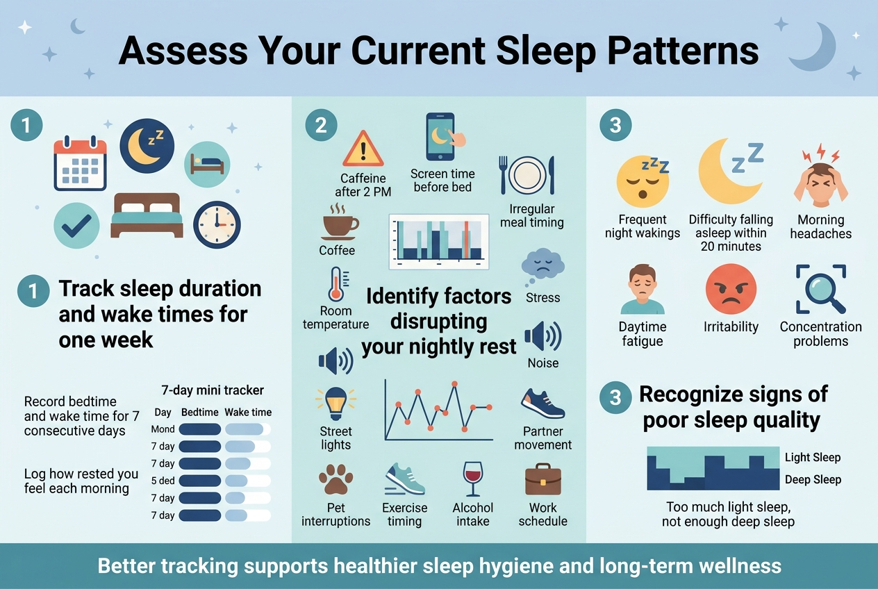 Create a clean, professional infographic in a full-bleed 3:2 landscape layout with a modern flat vector style, soft blue, teal, navy, and warm accent colors, crisp sans-serif fonts, strong visual hierarchy, and no border frame. Place a bold title across the top center: "Assess Your Current Sleep Patterns". 

Use a wide three-section horizontal layout across the middle and lower area, with clear numbered blocks and matching icons:

1) Left section: a calendar, moon, bed, and clock icon cluster. Headline text: "Track sleep duration and wake times for one week". Include short supporting text in smaller font: "Record bedtime and wake time for 7 consecutive days" and "Log how rested you feel each morning". Show a 7-day mini tracker with bedtime and wake time rows.

2) Center section: a warning triangle, coffee cup, phone screen, plate, stress cloud, thermostat, noise waves, exercise shoe, wine glass, and work briefcase icons arranged around a central sleep chart. Headline text: "Identify factors disrupting your nightly rest". Include compact labels: "Caffeine after 2 PM", "Screen time before bed", "Irregular meal timing", "Stress", "Room temperature", "Noise", "Street lights", "Partner movement", "Pet interruptions", "Exercise timing", "Alcohol intake", "Work schedule". Add a simple line graph or pattern chart showing sleep disruptions.

3) Right section: a sleepy face, moon with zzz, headache icon, tired person, irritated face, and focus/magnifier icon. Headline text: "Recognize signs of poor sleep quality". Include compact labels: "Frequent night wakings", "Difficulty falling asleep within 20 minutes", "Morning headaches", "Daytime fatigue", "Irritability", "Concentration problems", "Too much light sleep, not enough deep sleep". Add a small stacked sleep-stage bar graphic labeled "Light Sleep" and "Deep Sleep".

Add a thin footer strip across the bottom with a concluding line in medium bold text: "Better tracking supports healthier sleep hygiene and long-term wellness". Use subtle decorative stars and moon shapes in the background, with clean spacing, balanced alignment, and easy-to-read typography.