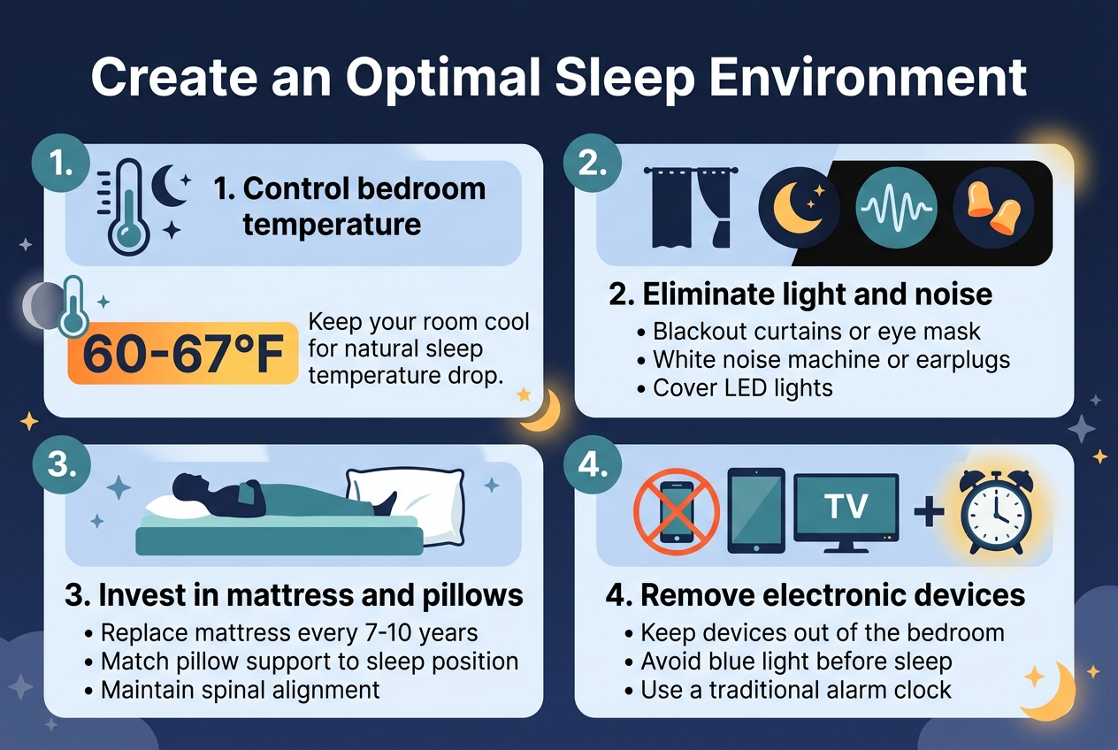 Create a clean, professional infographic in a 3:2 aspect ratio with a full-bleed layout and no frame. Use a calm nighttime color palette of deep navy, soft blue, teal, and white, with orange/yellow accent highlights. Use modern sans-serif fonts with a bold headline and clear section hierarchy.

Top center: large bold title in white text, "Create an Optimal Sleep Environment".

Below the title, arrange four wide horizontal sections in a 2x2 grid, each in a rounded rectangle panel with subtle shadows and matching icons. Use numbered badges for each section.

Section 1, top left: a thermometer and moon icon. Heading text: "1. Control bedroom temperature" in bold. Large highlighted text: "60-67°F". Smaller supporting text: "Keep your room cool for natural sleep temperature drop."

Section 2, top right: a blackout curtain, crescent moon, white noise wave, and earplugs icon. Heading text: "2. Eliminate light and noise" in bold. Include short bullet text:
"• Blackout curtains or eye mask"
"• White noise machine or earplugs"
"• Cover LED lights"
Use dark background accents to emphasize darkness.

Section 3, bottom left: a mattress and pillow icon with a sleeping person silhouette. Heading text: "3. Invest in mattress and pillows" in bold. Include short bullet text:
"• Replace mattress every 7-10 years"
"• Match pillow support to sleep position"
"• Maintain spinal alignment"

Section 4, bottom right: a crossed-out phone, tablet, and TV icon plus a traditional alarm clock. Heading text: "4. Remove electronic devices" in bold. Include short bullet text:
"• Keep devices out of the bedroom"
"• Avoid blue light before sleep"
"• Use a traditional alarm clock"

Add subtle sleep-related decorative elements such as stars, moon phases, and soft glow accents around the panels. Keep text crisp, legible, and evenly spaced. Use strong visual contrast, clean alignment, and a balanced infographic layout across the wide canvas.