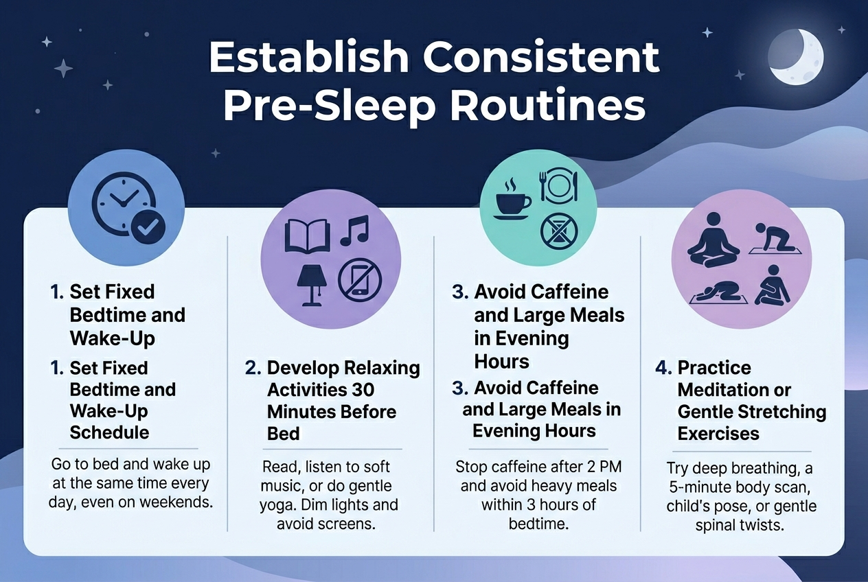 Create a clean, professional infographic illustration in a 3:2 aspect ratio with a full-bleed layout, no poster frame, no inset margins, and a wide horizontal composition. Use a calming nighttime palette of deep navy, soft blue, lavender, and teal with white text accents, modern sans-serif fonts, and clear visual hierarchy.

At the top center, place a bold large title in white: "Establish Consistent Pre-Sleep Routines"

Below the title, organize the content into four wide horizontal sections or cards across the canvas, using numbered labels, simple icons, and short body text. Include subtle sleep-themed background elements like stars, a moon, and soft gradient waves.

Section 1 on the left: a blue circular icon with a clock and checkmark, heading text: "1. Set Fixed Bedtime and Wake-Up Schedule"  
Add short supporting text beneath: "Go to bed and wake up at the same time every day, even on weekends."

Section 2: a purple circular icon with a book, music note, dim lamp, and crossed-out phone, heading text: "2. Develop Relaxing Activities 30 Minutes Before Bed"  
Add supporting text: "Read, listen to soft music, or do gentle yoga. Dim lights and avoid screens."

Section 3: a teal circular icon with a coffee cup, plate, and crossed-out symbols, heading text: "3. Avoid Caffeine and Large Meals in Evening Hours"  
Add supporting text: "Stop caffeine after 2 PM and avoid heavy meals within 3 hours of bedtime."

Section 4 on the right: a lavender circular icon with a meditation pose and stretching figure, heading text: "4. Practice Meditation or Gentle Stretching Exercises"  
Add supporting text: "Try deep breathing, a 5-minute body scan, child’s pose, or gentle spinal twists."

Use numbered markers clearly beside each section, with consistent spacing and aligned text blocks. Keep the design balanced and readable, with icons above or beside each heading, and subtle divider lines or cards separating the four routine steps.
