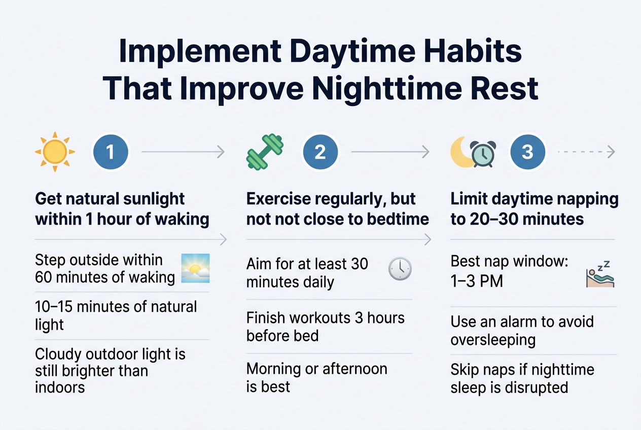 Create a clean, professional infographic in a full-bleed 3:2 landscape layout with a soft white background, deep navy headings, teal and warm yellow accent colors, and modern sans-serif typography.

Top center: bold title in large dark navy text: "Implement Daytime Habits That Improve Nighttime Rest"

Below the title, arrange three wide horizontal sections across the page in a balanced 3-column layout, each with a numbered circle, a distinct icon, a short headline, and 2–3 concise supporting lines.

Section 1 on the left: a yellow sun icon beside a blue circular number badge "1". Headline: "Get natural sunlight within 1 hour of waking". Supporting text in smaller font:
"Step outside within 60 minutes of waking"
"10–15 minutes of natural light"
"Cloudy outdoor light is still brighter than indoors"
Add a small morning sky/sunlight visual.

Section 2 in the center: a green dumbbell or running figure icon beside a blue circular number badge "2". Headline: "Exercise regularly, but not close to bedtime". Supporting text:
"Aim for at least 30 minutes daily"
"Finish workouts 3 hours before bed"
"Morning or afternoon is best"
Add a subtle clock icon near the bedtime timing note.

Section 3 on the right: a crescent moon and alarm clock icon beside a blue circular number badge "3". Headline: "Limit daytime napping to 20–30 minutes". Supporting text:
"Best nap window: 1–3 PM"
"Use an alarm to avoid oversleeping"
"Skip naps if nighttime sleep is disrupted"
Add a small resting figure or nap icon.

Use clear section dividers, generous spacing, and strong visual hierarchy. Keep all text left-aligned within each block. Include small decorative arrows or timeline cues suggesting morning to afternoon to night. Make the overall style sleek, informative, and easy to scan.