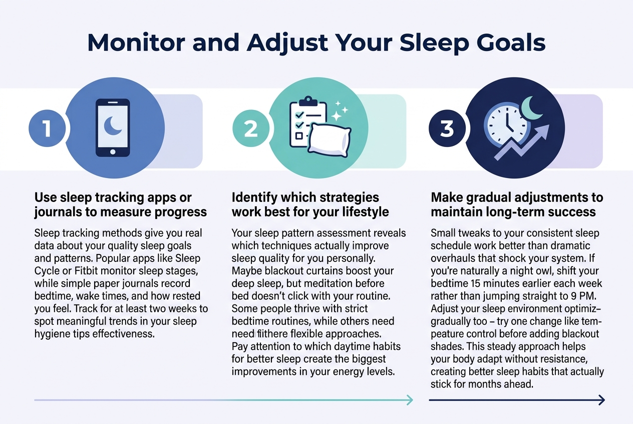Create a clean, professional infographic illustration in a 3:2 aspect ratio, full-bleed layout with no border frame, using a modern sleep-themed color palette of deep navy, soft blue, teal, and white with subtle lavender accents. Use a bold sans-serif headline at the top center reading "Monitor and Adjust Your Sleep Goals".

Below the title, arrange three wide horizontal content blocks across the canvas in a balanced 3-column layout, each with a large numbered circle icon on the left of the block and a simple sleep-related visual symbol.

1) Left block: a blue circular icon with a smartphone and small moon symbol. Heading text: "Use sleep tracking apps or journals to measure progress". Body text below in smaller readable font: "Sleep tracking methods give you real data about your quality sleep goals and patterns. Popular apps like Sleep Cycle or Fitbit monitor sleep stages, while simple paper journals record bedtime, wake times, and how rested you feel. Track for at least two weeks to spot meaningful trends in your sleep hygiene tips effectiveness."

2) Center block: a teal circular icon with a checklist, pillow, and sparkles. Heading text: "Identify which strategies work best for your lifestyle". Body text below: "Your sleep pattern assessment reveals which techniques actually improve sleep quality for you personally. Maybe blackout curtains boost your deep sleep, but meditation before bed doesn't click with your routine. Some people thrive with strict bedtime routines, while others need flexible approaches. Pay attention to which daytime habits for better sleep create the biggest improvements in your energy levels."

3) Right block: a navy circular icon with a clock, crescent moon, and upward trend arrow. Heading text: "Make gradual adjustments to maintain long-term success". Body text below: "Small tweaks to your consistent sleep schedule work better than dramatic overhauls that shock your system. If you're naturally a night owl, shift your bedtime 15 minutes earlier each week rather than jumping straight to 9 PM. Adjust your sleep environment optimization gradually too - try one change like temperature control before adding blackout shades. This steady approach helps your body adapt without resistance, creating better sleep habits that actually stick for months ahead."

Add a thin progress line or subtle arrow flow running left to right beneath the three blocks, connecting the ideas visually. Use strong visual hierarchy, crisp typography, generous spacing, and simple flat vector icons. Keep the composition wide and uncluttered, with text aligned neatly inside each section.