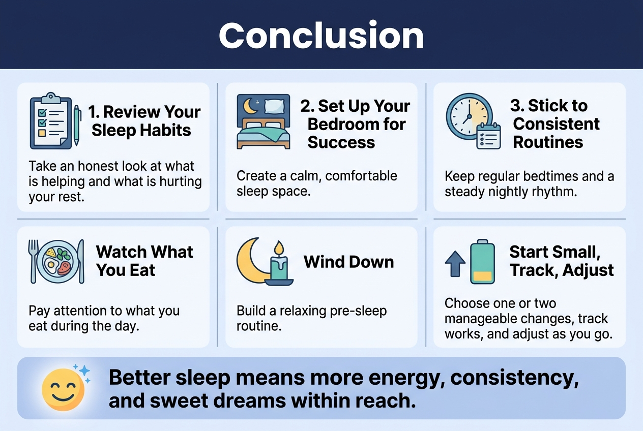 Create a clean, professional infographic illustration in a 3:2 landscape full-bleed layout with no frame or inset margins, using a calming palette of deep navy, soft blue, teal, warm yellow, and white, with modern sans-serif fonts and strong visual hierarchy.

Top center: large bold heading in white text, "Conclusion", on a dark navy band.

Below the heading, arrange the content in a wide 2-row, 3-column infographic structure with clear icon-based blocks and short text.

Left top block: a clipboard/checklist icon and the title in bold, "1. Review Your Sleep Habits", with smaller text below: "Take an honest look at what is helping and what is hurting your rest."

Center top block: a bedroom icon with moon and pillow, title in bold, "2. Set Up Your Bedroom for Success", with smaller text below: "Create a calm, comfortable sleep space."

Right top block: a clock and routine icon, title in bold, "3. Stick to Consistent Routines", with smaller text below: "Keep regular bedtimes and a steady nightly rhythm."

Bottom left block: a plate and food icons, title in bold, "Watch What You Eat", with smaller text below: "Pay attention to what you eat during the day."

Bottom center block: a crescent moon and candle icon, title in bold, "Wind Down", with smaller text below: "Build a relaxing pre-sleep routine."

Bottom right block: a small upward arrow and battery icon, title in bold, "Start Small, Track, Adjust", with smaller text below: "Choose one or two manageable changes, track what works, and adjust as you go."

Along the bottom as a wide concluding banner with a soft gradient and a bright accent icon of a smiling face with stars, include large bold text: "Better sleep means more energy, consistency, and sweet dreams within reach."

Use clear dividers, rounded rectangular cards, subtle shadows, and balanced spacing. Keep the layout open and horizontal, with all text highly legible and visually organized.