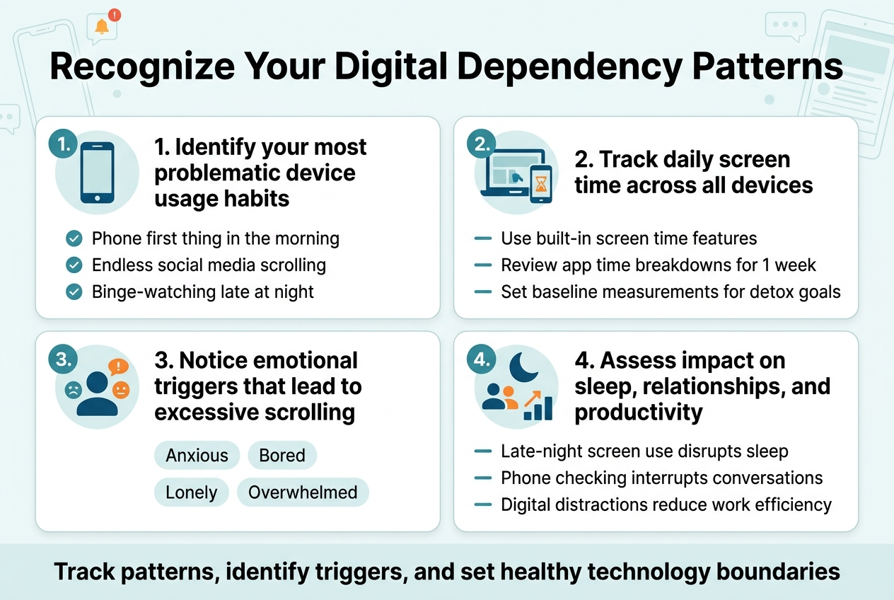 Create a full-bleed 3:2 infographic with a clean professional modern style, light background, teal, blue, and orange accent colors, bold sans-serif typography, strong visual hierarchy, and no inset frame. Place a large bold title across the top: "Recognize Your Digital Dependency Patterns". Under the title, use a wide 2-column by 2-row layout with four rounded rectangular content blocks, each with a numbered circle icon and a simple flat icon.

Block 1 at upper left: a smartphone icon and the heading "1. Identify your most problematic device usage habits". Include 3 short bullet lines with small check icons:
"Phone first thing in the morning"
"Endless social media scrolling"
"Binge-watching late at night"

Block 2 at upper right: a laptop and phone screen-time icon and the heading "2. Track daily screen time across all devices". Include 3 short bullet lines:
"Use built-in screen time features"
"Review app time breakdowns for 1 week"
"Set baseline measurements for detox goals"

Block 3 at lower left: a person silhouette with emotion symbols and the heading "3. Notice emotional triggers that lead to excessive scrolling". Include 4 small labeled emotion chips:
"Anxious"
"Bored"
"Lonely"
"Overwhelmed"

Block 4 at lower right: a moon, people, and productivity chart icon cluster and the heading "4. Assess impact on sleep, relationships, and productivity". Include 3 short bullet lines:
"Late-night screen use disrupts sleep"
"Phone checking interrupts conversations"
"Digital distractions reduce work efficiency"

Add a slim bottom banner spanning the full width with a bold concluding line: "Track patterns, identify triggers, and set healthy technology boundaries". Use subtle device and notification illustrations in the background, clean whitespace, crisp lines, and balanced spacing. All text should be clearly readable and exactly as written.