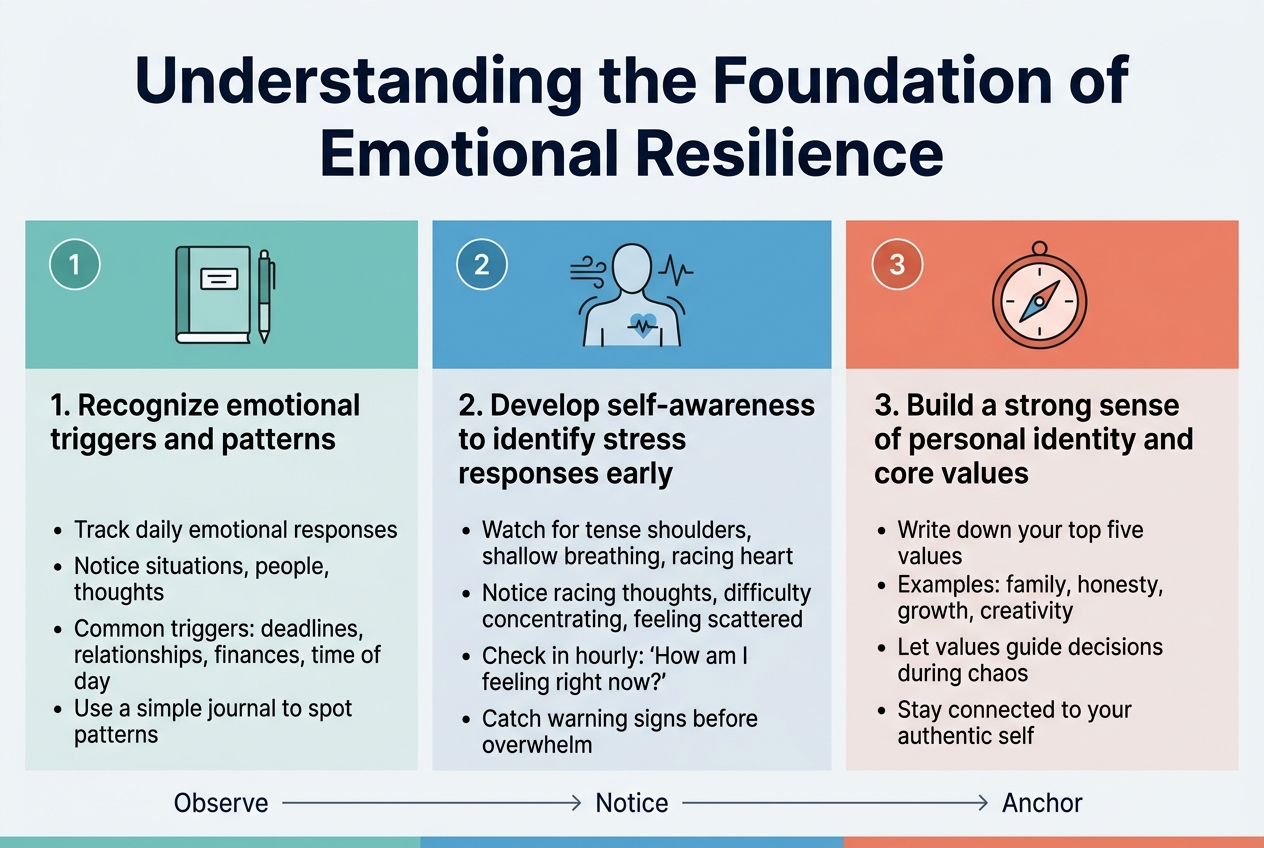 Create a clean, professional infographic in a 3:2 aspect ratio with a full-bleed layout and no poster frame. Use a modern sans-serif font, bold dark navy heading, soft teal, blue, and warm coral accent colors, with light gray background panels and subtle line dividers. Place a large bold title across the top: “Understanding the Foundation of Emotional Resilience”.

Below the title, arrange three wide horizontal sections in a balanced 3-column layout across the page, each with a numbered circle icon at the left of the section title, a simple flat icon, and short supporting text.

Section 1 on the left: a teal panel with a journal/notebook icon and the heading “1. Recognize emotional triggers and patterns”. Include compact bullet text: “Track daily emotional responses”, “Notice situations, people, thoughts”, “Common triggers: deadlines, relationships, finances, time of day”, “Use a simple journal to spot patterns”.

Section 2 in the center: a blue panel with a body-and-alert icon showing shoulders, breathing, and heartbeat lines, and the heading “2. Develop self-awareness to identify stress responses early”. Include compact bullet text: “Watch for tense shoulders, shallow breathing, racing heart”, “Notice racing thoughts, difficulty concentrating, feeling scattered”, “Check in hourly: ‘How am I feeling right now?’”, “Catch warning signs before overwhelm”.

Section 3 on the right: a warm coral panel with a compass/identity icon and the heading “3. Build a strong sense of personal identity and core values”. Include compact bullet text: “Write down your top five values”, “Examples: family, honesty, growth, creativity”, “Let values guide decisions during chaos”, “Stay connected to your authentic self”.

Add a thin bottom strip across the full width with a simple three-step flow line connecting the sections and small labels: “Observe”, “Notice”, “Anchor”. Use clear spacing, strong hierarchy, minimal decorative elements, and crisp readable text.