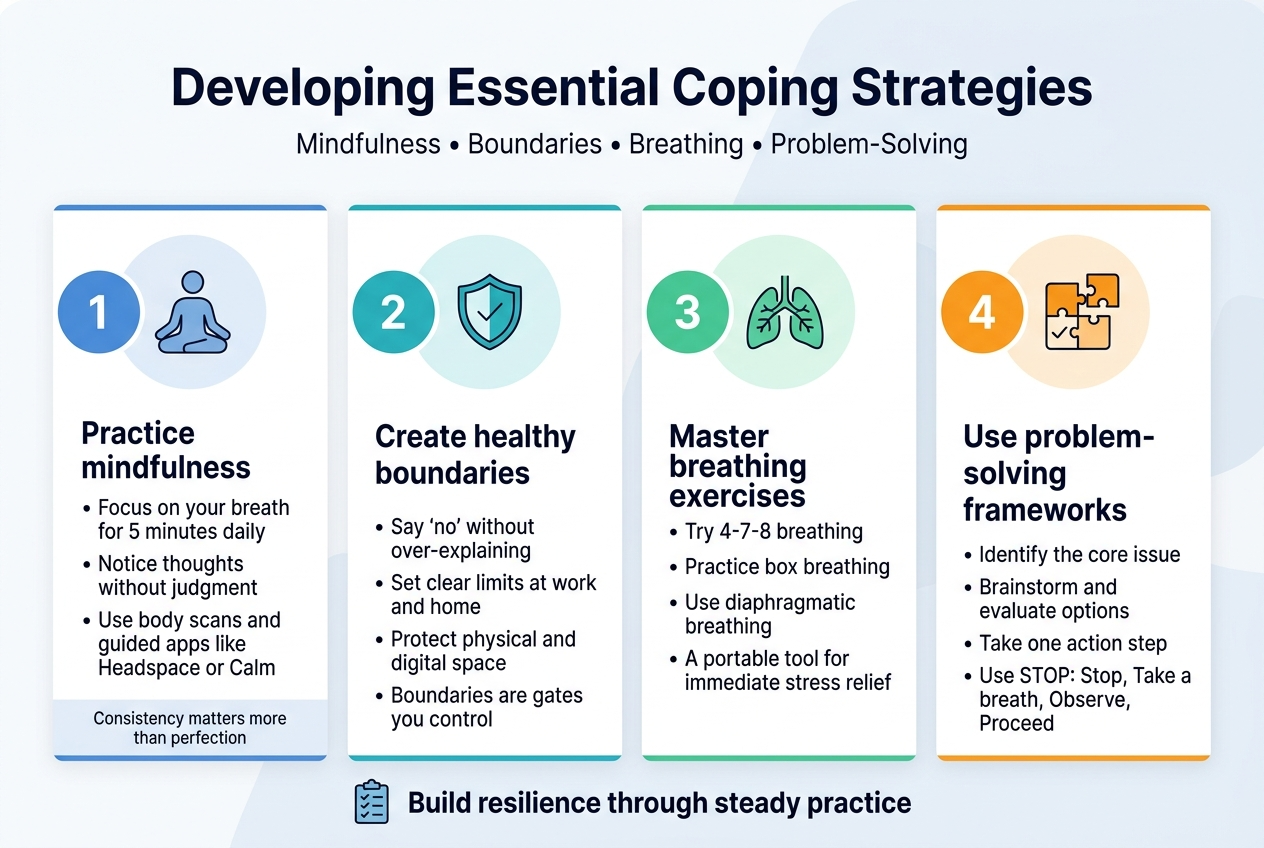 Full-bleed professional infographic illustration in a 3:2 aspect ratio, wide horizontal layout with four evenly spaced content blocks across the page, clean modern sans-serif typography, bold title at the top center, white background with soft blue and teal accents, subtle gradients, thin divider lines, clear visual hierarchy, polished corporate wellness style.

Top header:
Large bold title text: "Developing Essential Coping Strategies"

Below the title, a short subtitle line in smaller text: "Mindfulness • Boundaries • Breathing • Problem-Solving"

Main content area arranged in 4 horizontal sections or cards across the width, each with a large numbered circle icon, a simple flat illustration icon, and concise text.

Section 1 on the left:
Blue circle with number "1" and a calm meditation icon.
Heading text: "Practice mindfulness"
Body text in 3 short lines:
"• Focus on your breath for 5 minutes daily"
"• Notice thoughts without judgment"
"• Use body scans and guided apps like Headspace or Calm"
Small footer text inside the block: "Consistency matters more than perfection"

Section 2 left-center:
Teal circle with number "2" and a boundary / shield icon.
Heading text: "Create healthy boundaries"
Body text in 4 short lines:
"• Say 'no' without over-explaining"
"• Set clear limits at work and home"
"• Protect physical and digital space"
"• Boundaries are gates you control"

Section 3 right-center:
Green circle with number "3" and a breathing / lungs icon.
Heading text: "Master breathing exercises"
Body text in 4 short lines:
"• Try 4-7-8 breathing"
"• Practice box breathing"
"• Use diaphragmatic breathing"
"• A portable tool for immediate stress relief"

Section 4 on the right:
Orange circle with number "4" and a puzzle / checklist icon.
Heading text: "Use problem-solving frameworks"
Body text in 4 short lines:
"• Identify the core issue"
"• Brainstorm and evaluate options"
"• Take one action step"
"• Use STOP: Stop, Take a breath, Observe, Proceed"

Add a thin bottom banner across the full width with a small checklist icon and bold concluding text:
"Build resilience through steady practice"

Color palette: navy text, blue/teal/green/orange section accents, subtle light gray background shapes, high contrast, clean spacing, balanced margins, no dense paragraphs, no vertical poster layout.
