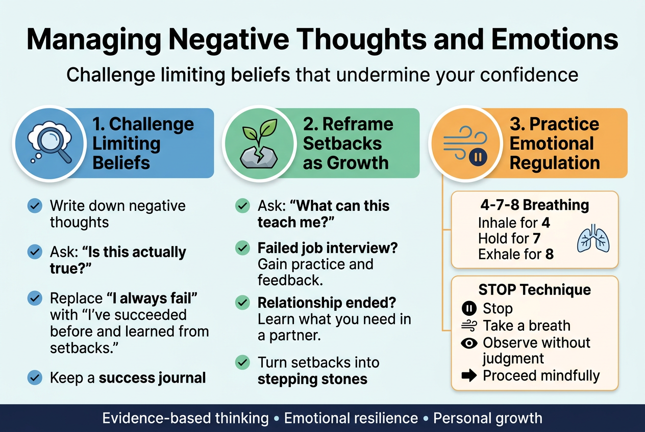 Create a clean professional infographic illustration in 3:2 aspect ratio, full-bleed wide layout with no inset frame, using a modern flat vector style. Background in soft off-white with subtle light blue and teal accents. Use bold sans-serif typography with clear hierarchy.

Top header across the full width:
Title in large bold text: "Managing Negative Thoughts and Emotions"
Subtitle below in smaller text: "Challenge limiting beliefs that undermine your confidence"

Below the header, arrange three wide horizontal content sections in a 3-column layout across the page, each with a colored header bar, an icon, and short text blocks.

LEFT SECTION: 
Heading: "1. Challenge Limiting Beliefs"
Include a blue circular icon with a magnifying glass and a thought bubble.
Bullets with checkmark markers:
"Write down negative thoughts"
"Ask: “Is this actually true?”"
"Replace “I always fail” with “I’ve succeeded before and learned from setbacks.”"
"Keep a success journal"

CENTER SECTION:
Heading: "2. Reframe Setbacks as Growth"
Include a green circular icon with a sprouting plant growing from a cracked stone.
Bullets with checkmark markers:
"Ask: “What can this teach me?”"
"Failed job interview? Gain practice and feedback."
"Relationship ended? Learn what you need in a partner."
"Turn setbacks into stepping stones"

RIGHT SECTION:
Heading: "3. Practice Emotional Regulation"
Include an orange circular icon with calm breathing lines and a pause symbol.
Two stacked mini-panels:
Mini-panel 1 title: "4-7-8 Breathing"
Text:
"Inhale for 4"
"Hold for 7"
"Exhale for 8"
Mini-panel 2 title: "STOP Technique"
Text:
"Stop"
"Take a breath"
"Observe without judgment"
"Proceed mindfully"

Add small supportive visual icons beside each mini-step: a lungs/breath icon for breathing, a pause icon, an eye icon for observe, and a forward arrow for proceed.

Bottom footer strip across the full width with a subtle navy band:
Text in white: "Evidence-based thinking • Emotional resilience • Personal growth"

Use a balanced infographic composition with clear spacing, crisp lines, gentle shadows, and strong visual separation between sections. Emphasize key phrases in bold. Keep all text legible and aligned.