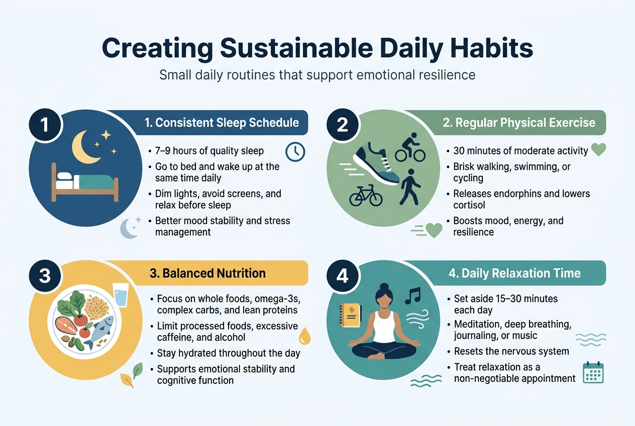 Create a clean, professional full-bleed infographic illustration in a 3:2 aspect ratio with a modern flat vector style, soft rounded shapes, and a calm wellness color palette of deep blue, teal, sage green, warm yellow, and white. Use a wide horizontal layout with four equal content blocks across the page, each with its own icon and short text. Include a bold headline at the top center in a large sans-serif font: "Creating Sustainable Daily Habits". Place a subtle subtitle under it in smaller text: "Small daily routines that support emotional resilience". Use clear visual hierarchy, strong spacing, and readable typography.

Top area: large heading centered across the full width. Below the heading, place four wide sections in a 2x2 grid or four-panel horizontal structure, each with a colored icon circle on the left of the block and the text beside it.

Section 1, top left, with a crescent moon and bed icon in a blue circle. Title text: "1. Consistent Sleep Schedule". Body text: "7–9 hours of quality sleep" and "Go to bed and wake up at the same time daily" and "Dim lights, avoid screens, and relax before sleep" and "Better mood stability and stress management". Add a small clock symbol and soft moon stars.

Section 2, top right, with a running shoe, bicycle, or walking figure icon in a green circle. Title text: "2. Regular Physical Exercise". Body text: "30 minutes of moderate activity" and "Brisk walking, swimming, or cycling" and "Releases endorphins and lowers cortisol" and "Boosts mood, energy, and resilience". Add motion lines and a small heart icon.

Section 3, bottom left, with a plate of whole foods, fish, grains, vegetables, and a water glass icon in an orange circle. Title text: "3. Balanced Nutrition". Body text: "Focus on whole foods, omega-3s, complex carbs, and lean proteins" and "Limit processed foods, excessive caffeine, and alcohol" and "Stay hydrated throughout the day" and "Supports emotional stability and cognitive function". Add small leaf and droplet icons.

Section 4, bottom right, with a meditation pose, journal, breathing waves, and music note icon in a purple circle. Title text: "4. Daily Relaxation Time". Body text: "Set aside 15–30 minutes each day" and "Meditation, deep breathing, journaling, or music" and "Resets the nervous system" and "Treat relaxation as a non-negotiable appointment". Add calm wave lines and a small calendar icon.

Use simple numbered markers 1, 2, 3, 4 in bold circular badges for each block. Keep the layout airy, balanced, and easy to scan. Use dark navy text on light backgrounds, with colored accent bars for each section. No borders or poster frame, no extra elements, no clutter, no watermark.