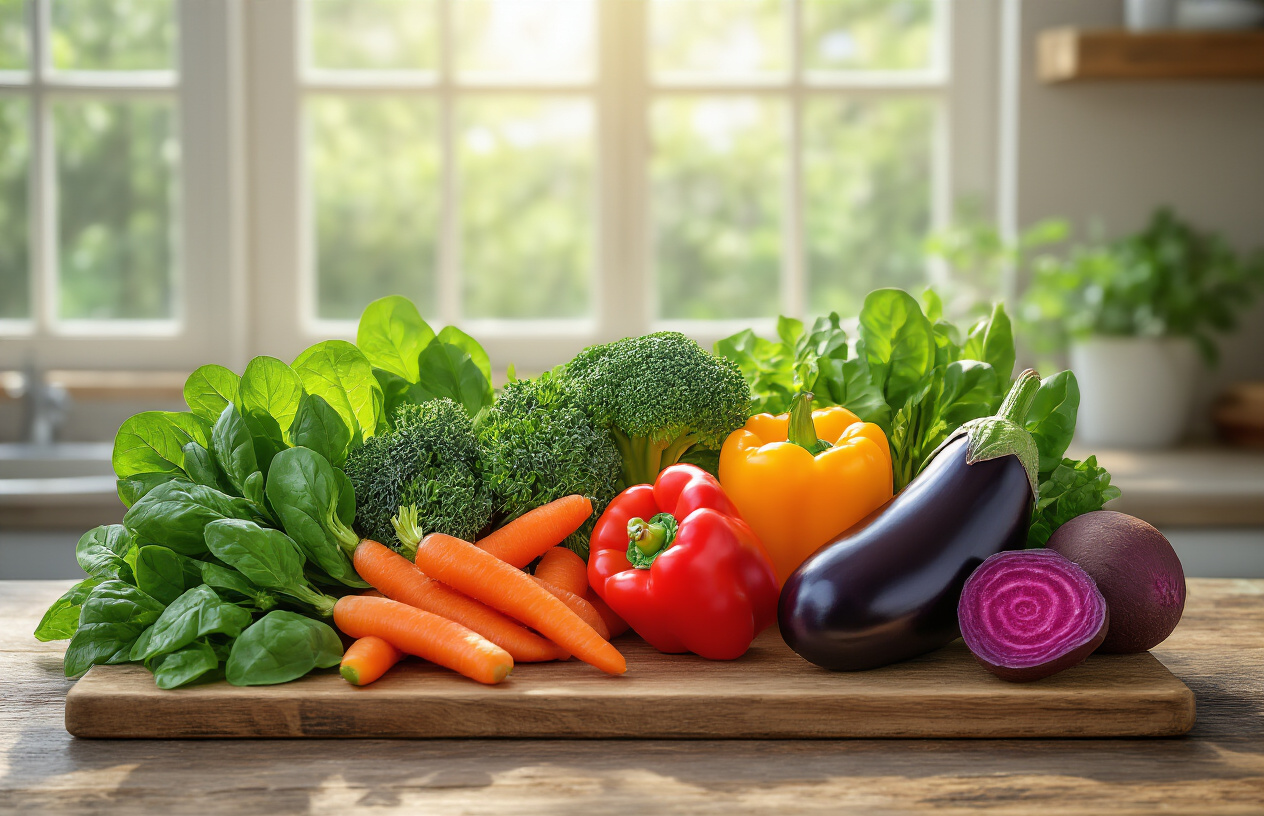 Create a realistic image of a vibrant collection of nutrient-rich vegetables including dark leafy greens like spinach and kale, bright orange carrots, red bell peppers, broccoli florets, purple eggplant, and colorful beets arranged artistically on a rustic wooden cutting board with natural sunlight streaming through a kitchen window, creating a fresh and energetic atmosphere that emphasizes the health-boosting properties of these power-packed vegetables, with some vegetables showing their natural textures and colors in sharp detail against a clean, bright kitchen background. Absolutely NO text should be in the scene.