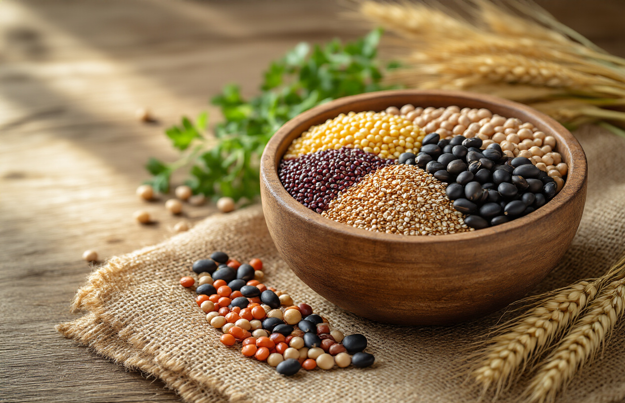 Create a realistic image of a rustic wooden bowl filled with colorful ancient grains including quinoa, amaranth, and farro alongside various dried legumes such as lentils, chickpeas, and black beans scattered artfully on a natural burlap cloth surface, with soft warm natural lighting streaming from the side creating gentle shadows, surrounded by fresh herbs and a few whole grain stalks, shot from a slightly elevated angle to showcase the textures and natural colors of these nutrient-dense foods, absolutely NO text should be in the scene.