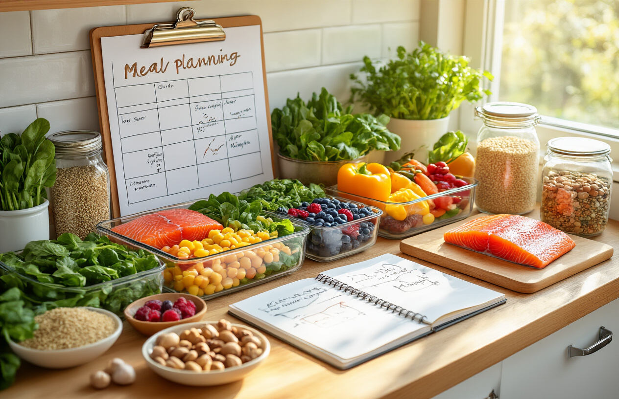Create a realistic image of a well-organized kitchen counter featuring a colorful meal planning setup with fresh nutrient-rich foods including leafy greens, colorful vegetables, salmon, quinoa, berries, nuts, and legumes arranged in glass containers and bowls, alongside a notebook with hand-drawn meal planning charts, a wooden cutting board with partially prepared ingredients, and natural morning sunlight streaming through a nearby window creating warm lighting across the healthy food display, absolutely NO text should be in the scene.