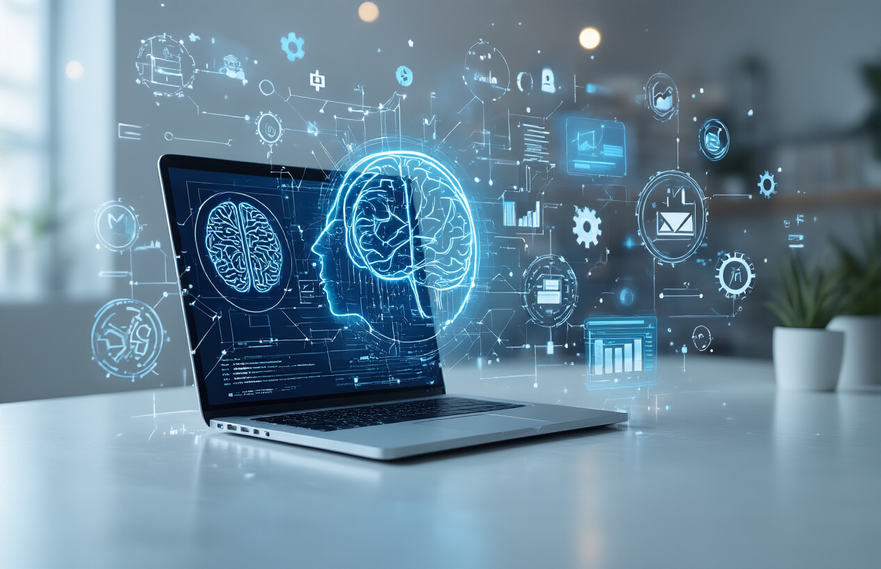 Create a realistic image of a sleek modern computer workspace with an open laptop displaying AI interface elements, surrounded by floating digital icons representing artificial intelligence features like brain circuits, writing tools, gears, and data analytics symbols, set against a clean minimalist background with soft blue and white lighting, conveying a professional tech atmosphere focused on AI writing technology fundamentals, absolutely NO text should be in the scene.