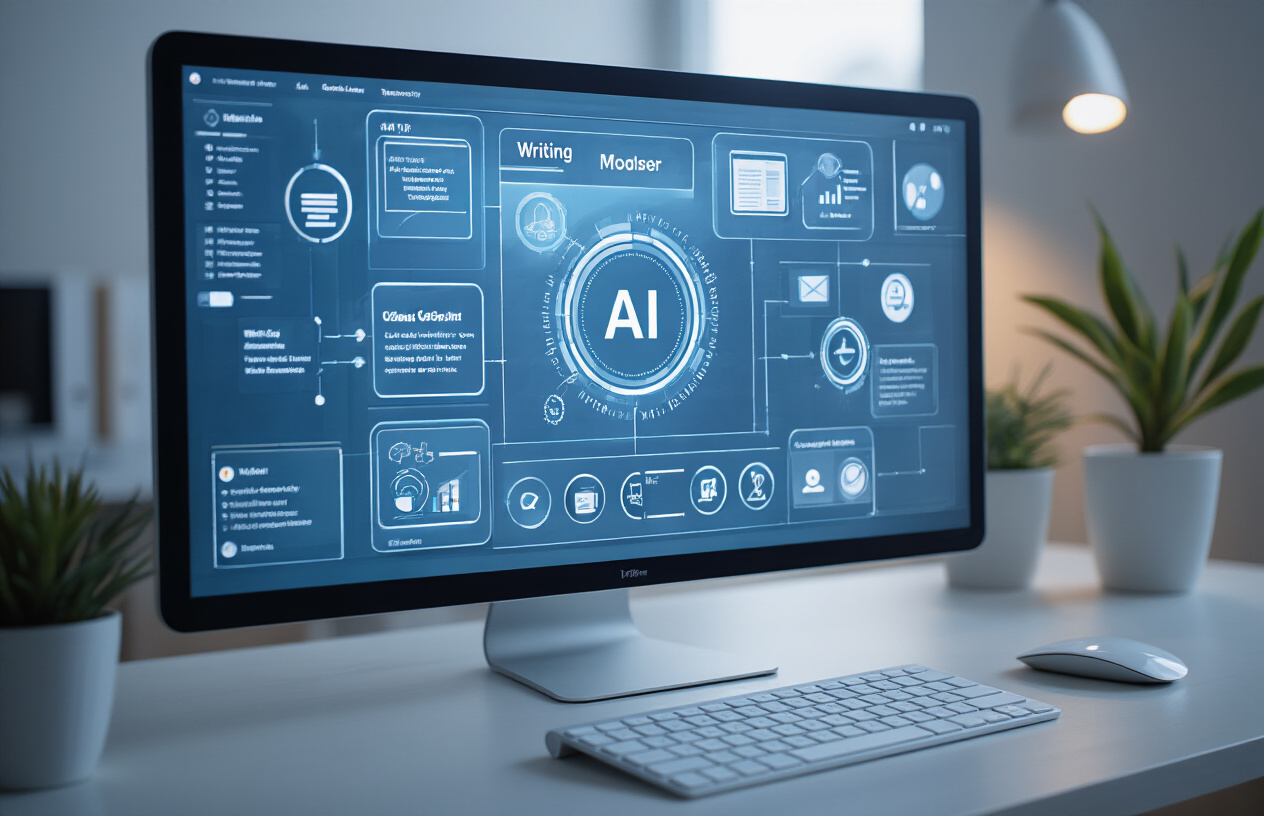 Create a realistic image of a modern computer screen displaying a sleek AI writing interface with various feature icons and tools visible on the dashboard, including writing assistance symbols, content generation options, and productivity features, set against a clean minimalist desk setup with subtle blue and white color scheme, soft natural lighting from the side creating a professional atmosphere, with a wireless keyboard and mouse nearby, absolutely NO text should be in the scene.