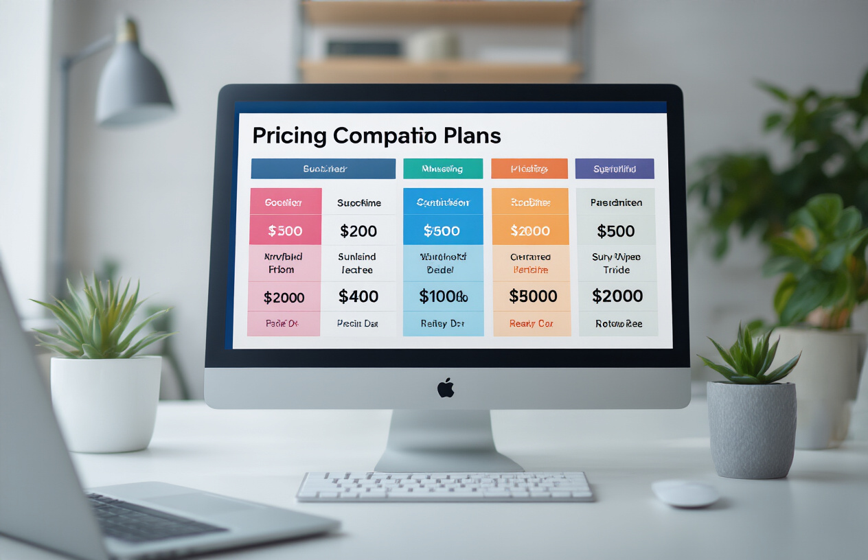 Create a realistic image of a modern pricing comparison chart or dashboard displayed on a computer screen showing different subscription plans and pricing tiers, with colorful pricing boxes or cards arranged in a professional layout, clean white background, soft ambient lighting, minimalist office setting with a laptop or desktop computer, professional business atmosphere, absolutely NO text should be in the scene.