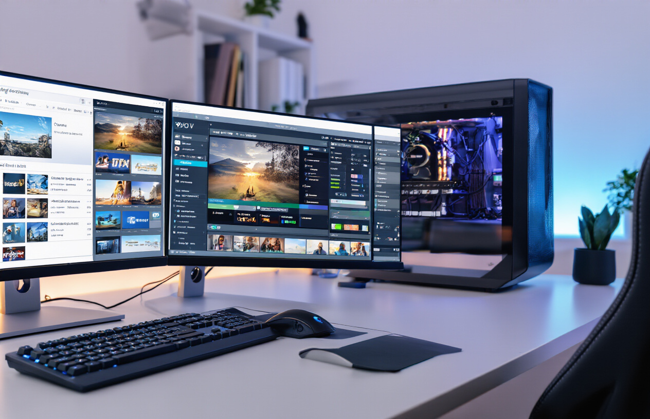 Create a realistic image of a modern computer setup showing a sleek desktop PC with multiple monitors displaying IPTV streaming interface with various customization menus and advanced settings panels visible on screen, featuring channel lists, video quality options, and user interface customization tools, with a wireless mouse and keyboard on a clean desk surface, soft ambient lighting from the monitors creating a professional tech environment, absolutely NO text should be in the scene.