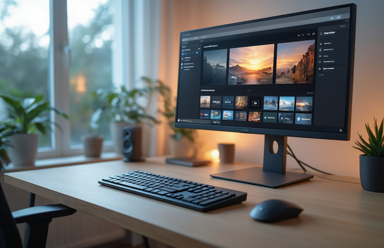 Create a realistic image of a modern desktop computer setup with a sleek monitor displaying a media player interface with video thumbnails and playlist options, a wireless keyboard and mouse on a clean wooden desk, subtle ambient lighting from a nearby window creating a professional home office atmosphere, with streaming media icons subtly visible on the screen interface suggesting IPTV functionality, all rendered in a contemporary tech-savvy environment with soft natural lighting and a minimalist background, absolutely NO text should be in the scene.