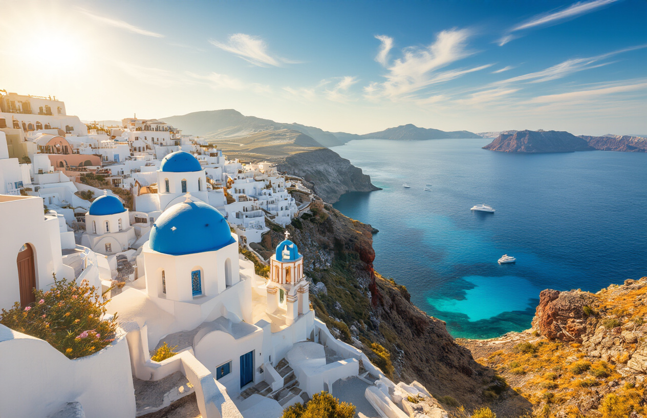 Create a realistic image of a breathtaking panoramic view of multiple Greek islands with whitewashed buildings cascading down cliffsides, deep blue Aegean Sea waters, traditional blue-domed churches, terraced landscapes, distant islands on the horizon, golden Mediterranean sunlight creating dramatic shadows and highlights, crystal clear turquoise waters in secluded bays, and rugged coastlines with volcanic rock formations under a bright blue sky with wispy white clouds. Absolutely NO text should be in the scene.