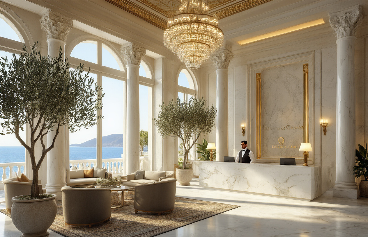 Create a realistic image of an elegant luxury hotel lobby in Greece featuring white marble columns, traditional Greek architectural details, plush seating areas with rich fabrics, warm golden lighting from chandeliers, potted olive trees as decorative elements, a marble reception desk, and glimpses of the Mediterranean blue sea through large windows, with a white male concierge in professional attire welcoming guests, capturing the essence of refined Greek hospitality in a sophisticated indoor setting, absolutely NO text should be in the scene.