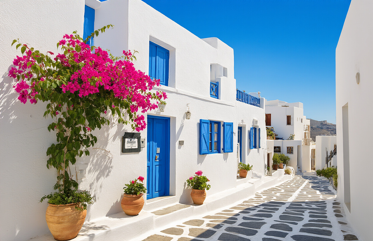 Create a realistic image of a charming Greek budget hotel exterior with traditional white-washed walls and blue shutters, featuring a small welcoming entrance with potted bougainvillea flowers, clean and well-maintained facade, Mediterranean architecture details, bright sunny daylight, clear blue sky in background, typical Greek island setting with stone pathways, absolutely NO text should be in the scene.