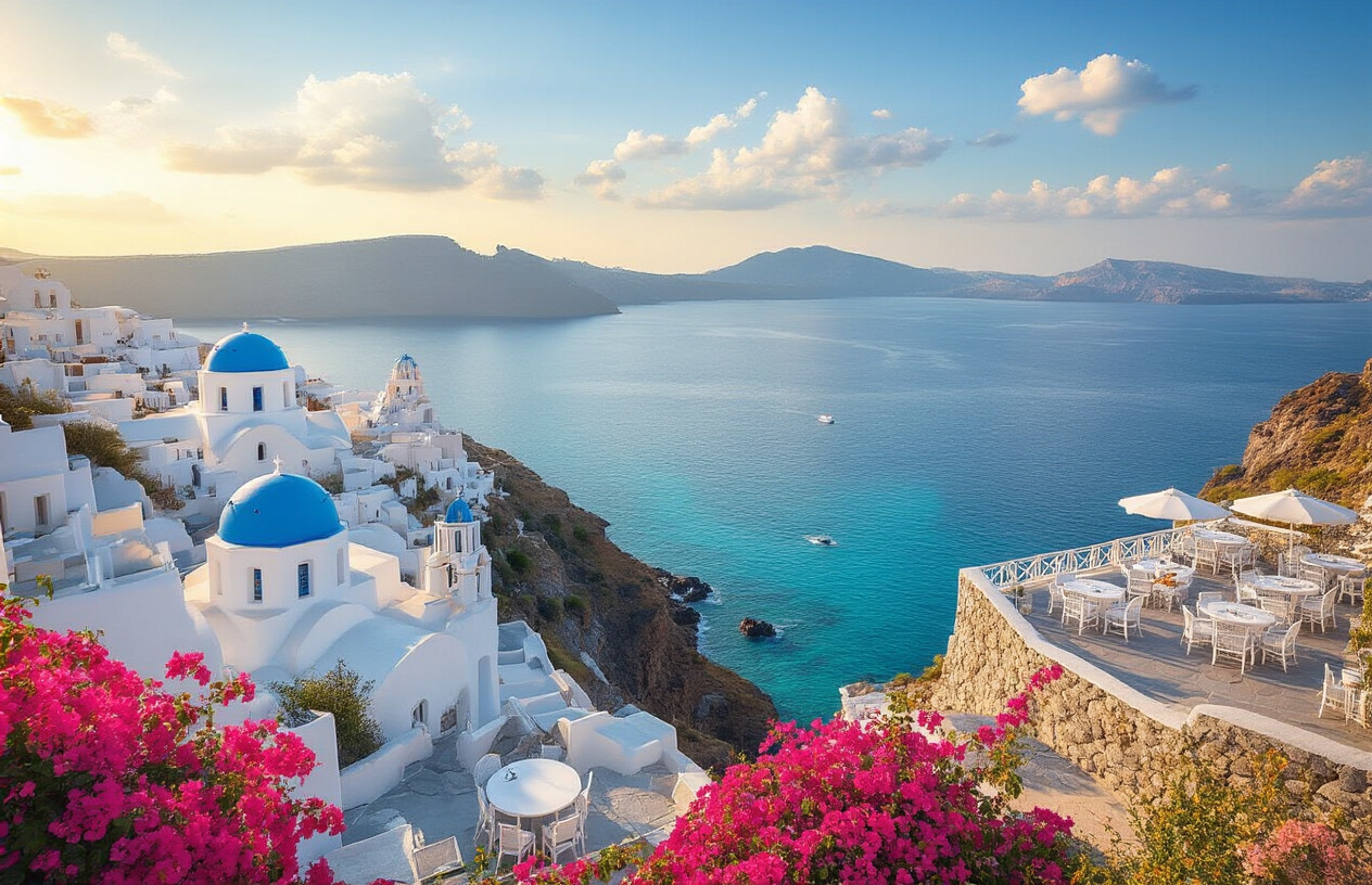 Create a realistic image of a stunning panoramic view of the Greek islands showcasing white-washed buildings with blue domed churches perched on clifftops overlooking the crystal-clear turquoise Aegean Sea, with traditional Greek tavernas visible in the foreground, vibrant bougainvillea flowers in pink and purple cascading down stone walls, a luxury hotel terrace with elegant white furniture partially visible, golden hour lighting creating warm shadows and highlights across the Mediterranean landscape, gentle waves lapping against rocky shores below, and distant islands visible on the horizon under a clear blue sky with wispy white clouds, absolutely NO text should be in the scene.