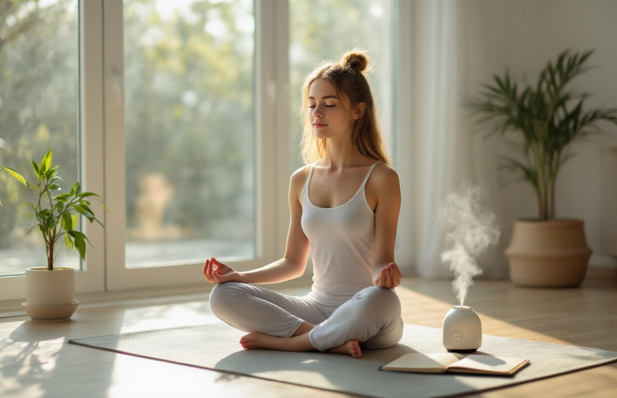 Create a realistic image of a peaceful young white female sitting cross-legged in a serene meditation pose on a yoga mat in a bright, minimalist living room with natural sunlight streaming through large windows, surrounded by subtle wellness elements like a small potted plant, essential oil diffuser emitting gentle mist, and a journal with a pen nearby, conveying a sense of calm transformation and inner peace with soft, warm lighting creating a tranquil atmosphere, absolutely NO text should be in the scene.