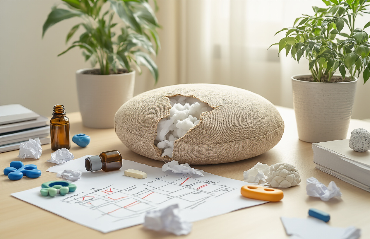 Create a realistic image of a cluttered desk with various stress management items that appear broken, ineffective, or abandoned, including a torn meditation cushion with stuffing coming out, a wilted stress-relief plant, broken fidget toys scattered around, an empty essential oil bottle tipped over, a stress ball with visible cracks, and crumpled papers with crossed-out wellness schedules, set against a neutral indoor background with soft natural lighting that conveys disappointment and frustration, absolutely NO text should be in the scene.