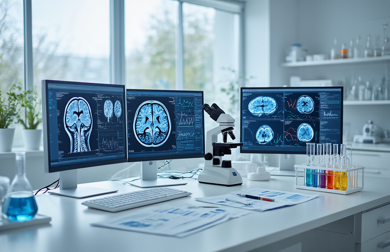 Create a realistic image of a modern scientific laboratory setting with brain scan displays on computer monitors showing neural activity patterns, scientific research papers and charts spread across a clean white desk, a microscope and medical equipment in the background, test tubes with colorful liquids in a rack, soft natural lighting from large windows creating a professional research atmosphere, with subtle blue and white color tones suggesting scientific precision and discovery, absolutely NO text should be in the scene.