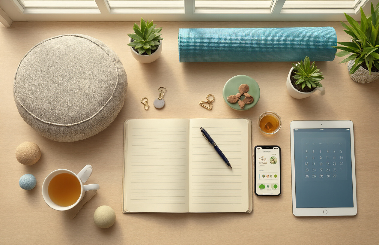Create a realistic image of a clean, organized desk workspace from an overhead view with various stress management tools systematically arranged including a meditation cushion, yoga mat rolled up, journal with pen, stress ball, herbal tea cup, small potted plant, smartphone with wellness app visible on screen, and a tablet displaying a calendar or planner interface, all arranged on a light wooden desk surface with soft natural lighting from a nearby window, creating a calm and methodical atmosphere that suggests building a personalized wellness system, absolutely NO text should be in the scene.