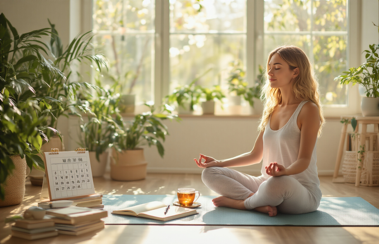 Create a realistic image of a peaceful white female sitting cross-legged in meditation pose on a yoga mat in a bright, airy living room with sunlight streaming through large windows, surrounded by wellness items including a journal with a pen, a cup of herbal tea, plants, and a small stack of books, with a calendar visible on a nearby table showing completed days, conveying a sense of accomplishment, tranquility, and personal growth after a year-long wellness journey, soft natural lighting creating a warm and serene atmosphere, absolutely NO text should be in the scene.