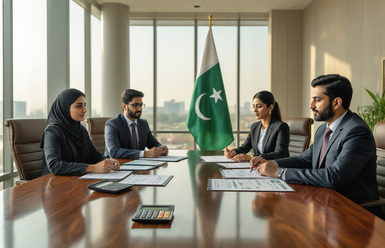 Create a realistic image of a modern conference room with a polished wooden table displaying official documents, calculators, and fee charts, with a Pakistani flag in the background, featuring South Asian male and female officials in professional attire reviewing medical college fee regulations, warm natural lighting from large windows, professional corporate atmosphere, Absolutely NO text should be in the scene.