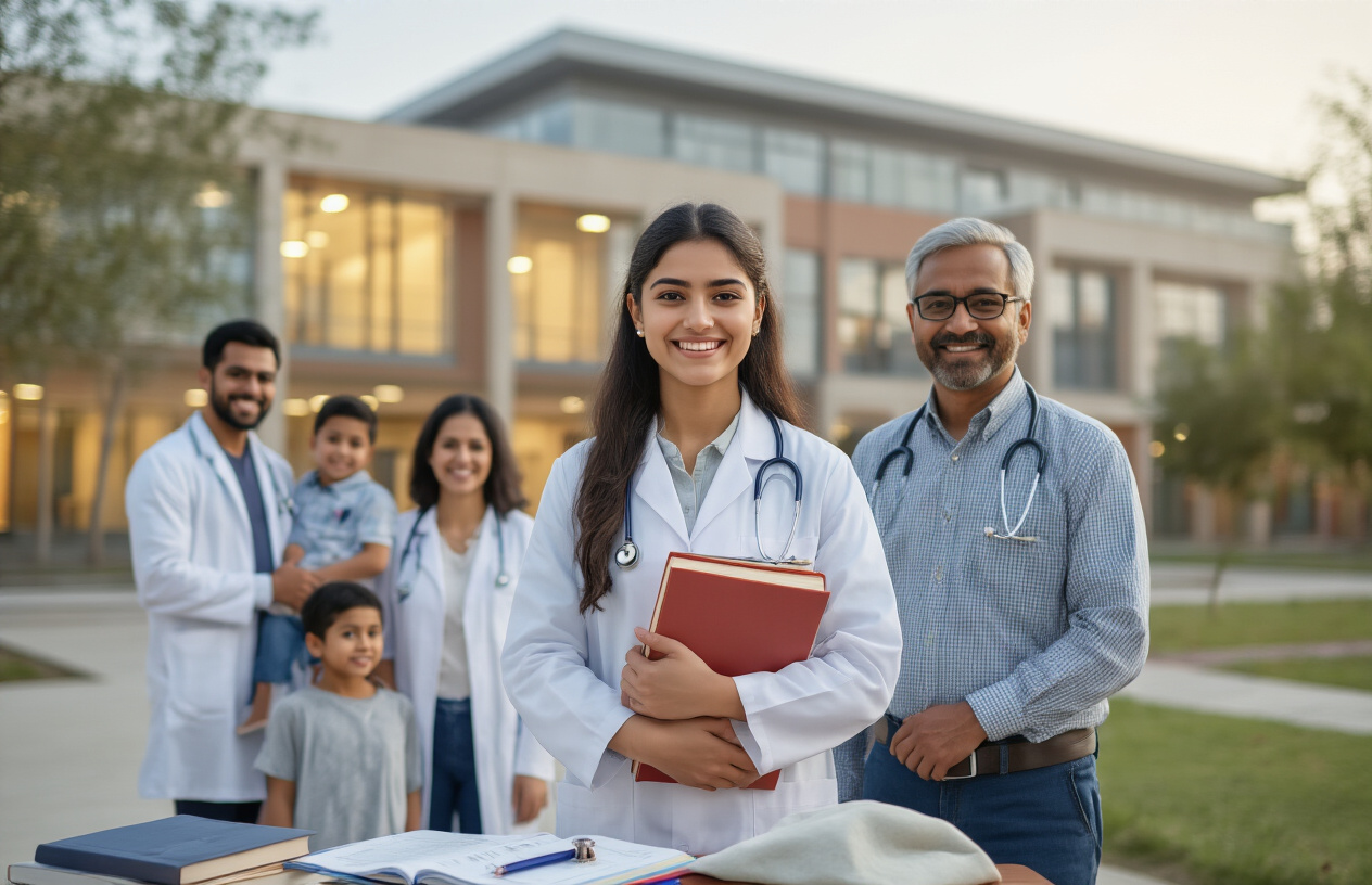 Create a realistic image of a diverse group of medical students and their families showing relief and happiness about affordable education costs, featuring a young white female medical student in a white coat holding books standing next to her supportive black male father and white female mother, with a South Asian male student and his family in the background, all positioned in front of a modern medical college building with a warm, optimistic lighting that conveys hope and accessibility, with scattered medical textbooks, a stethoscope, and graduation cap visible on a nearby table, creating an atmosphere of educational achievement and financial relief. Absolutely NO text should be in the scene.