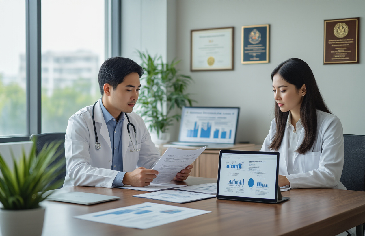 Create a realistic image of a modern private medical college administrative office with Asian male and white female college administrators reviewing regulatory documents and policy papers on a conference table, with medical education certificates and accreditation plaques visible on the wall, laptops and tablets displaying charts and compliance data, professional business atmosphere with natural lighting from large windows, clean contemporary interior design with medical education posters in the background, serious and focused mood suggesting adaptation to new guidelines, absolutely NO text should be in the scene.