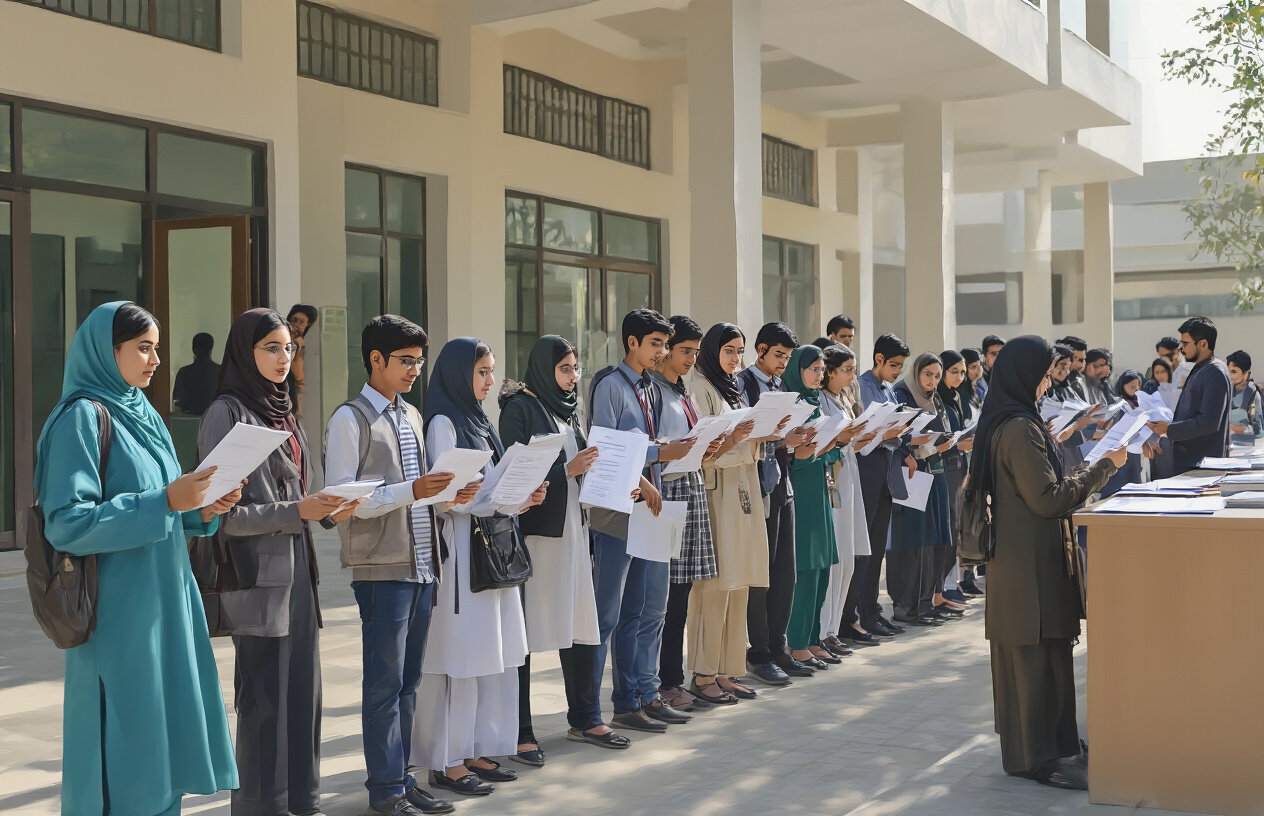 Create a realistic image of diverse young students including white, black, and Asian males and females standing in an organized queue outside a modern Pakistani medical college building, holding admission documents and application forms in their hands, with college staff members at registration desks reviewing paperwork, bright natural daylight illuminating the scene, professional and hopeful atmosphere showing the systematic admission process, Absolutely NO text should be in the scene.