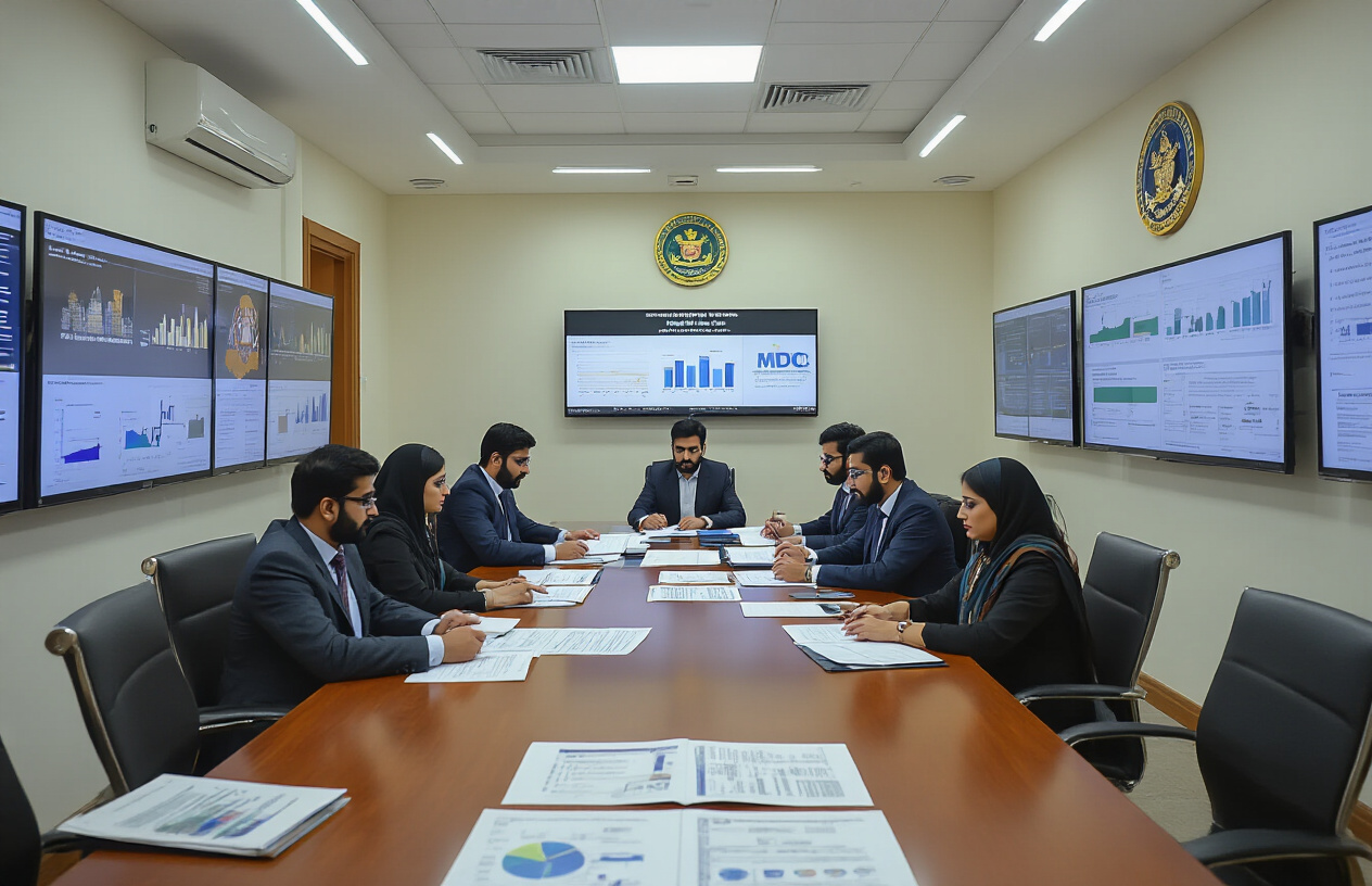 Create a realistic image of a modern Pakistani government office with South Asian male and female officials in business attire sitting at a conference table reviewing documents and regulatory files, with monitoring charts and compliance graphs displayed on wall-mounted screens, official PMDC regulatory documents spread across the table, a professional meeting atmosphere with fluorescent lighting, and government building interior with formal furnishings in the background, Absolutely NO text should be in the scene.