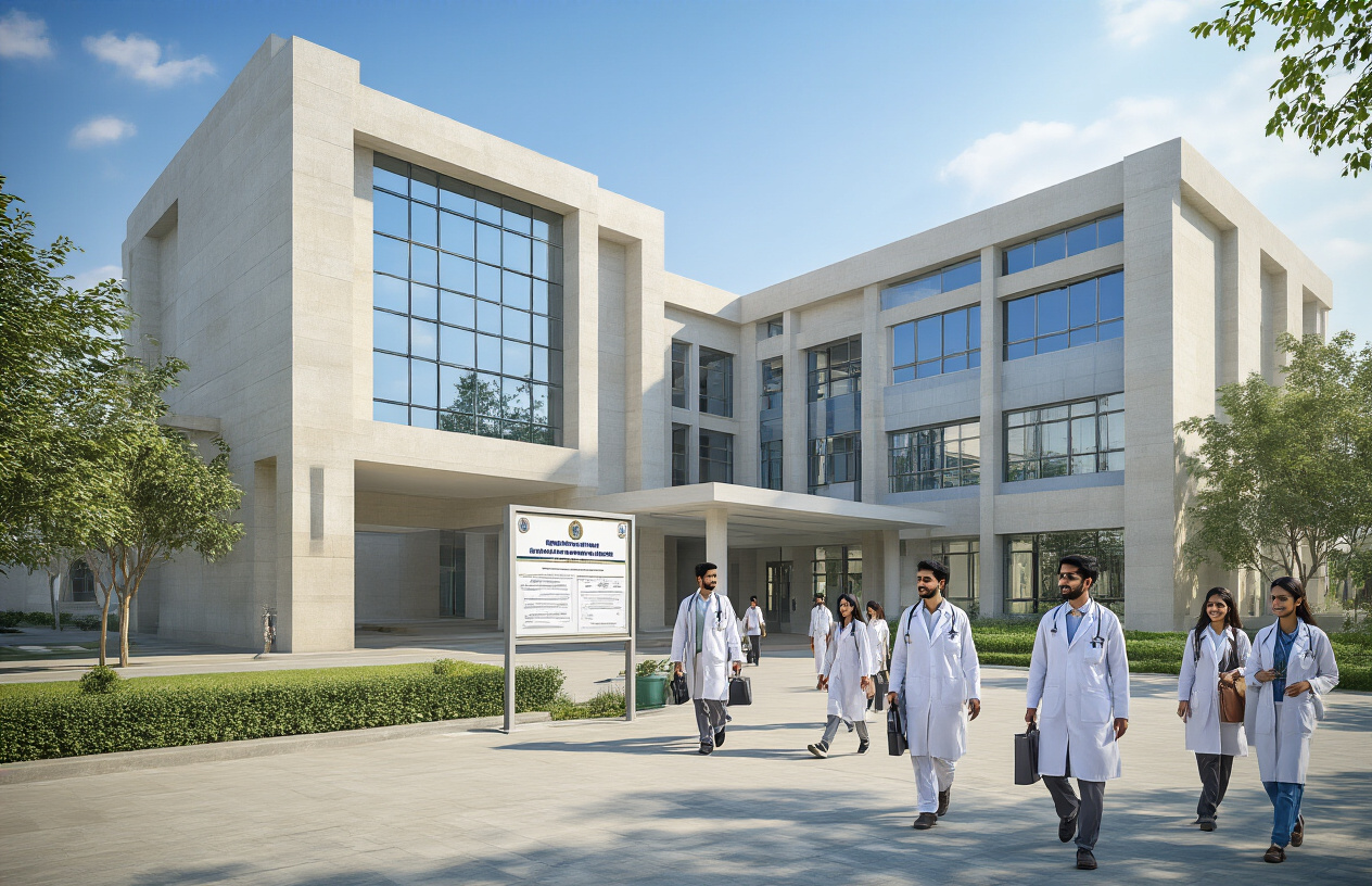 Create a realistic image of a modern Pakistani medical college campus building with clean architecture, featuring a diverse group of South Asian male and female students in white coats walking together outside the main entrance, with official government regulatory documents visible on a bulletin board near the entrance, bright daylight with clear blue sky in the background, conveying a sense of hope and educational achievement, absolutely NO text should be in the scene.