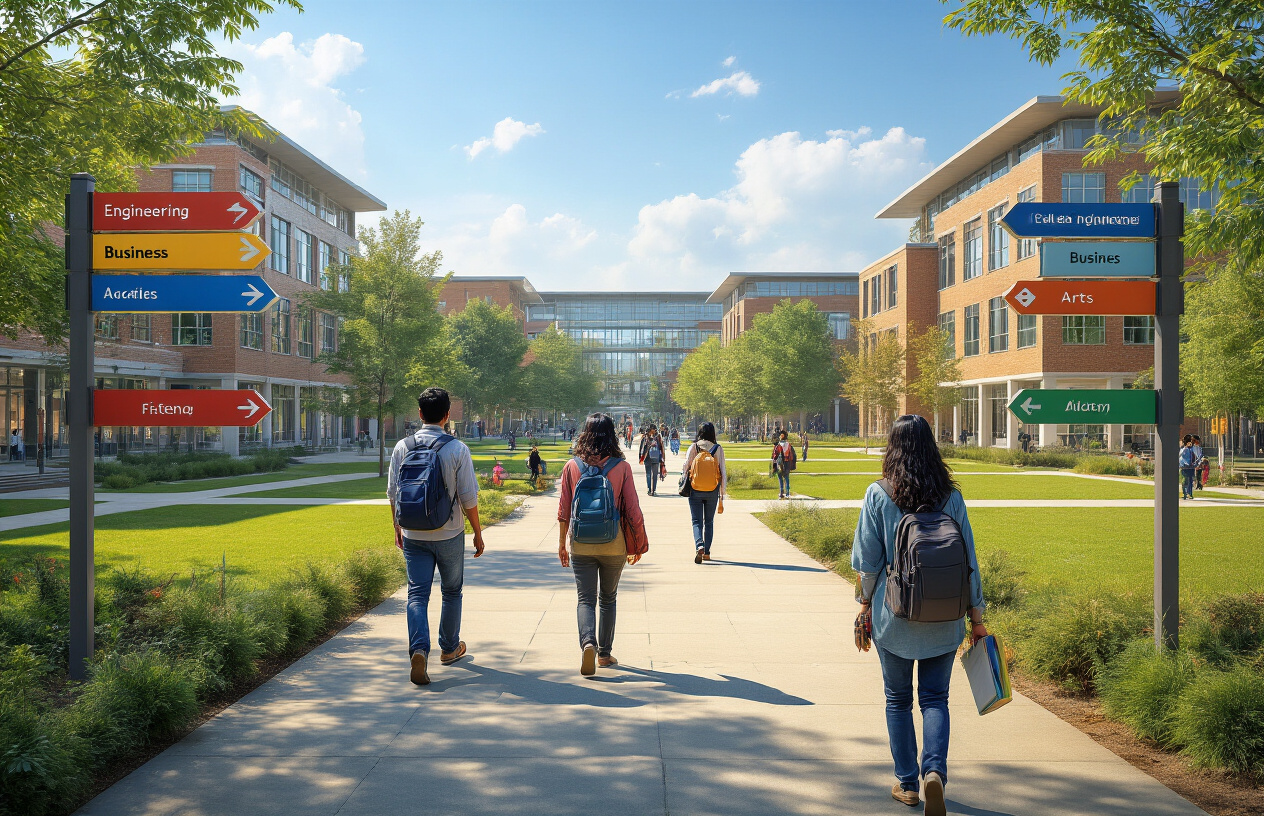 Create a realistic image of a modern university campus scene showing diverse academic program options with multiple faculty buildings in the background representing different departments like engineering, business, arts, and sciences, colorful directional signs pointing to various academic departments, South Asian male and female students of different ethnicities walking with backpacks and books, bright daylight with clear blue sky, well-maintained pathways and green lawns, contemporary architectural style buildings, educational atmosphere with a sense of opportunity and learning, Absolutely NO text should be in the scene.