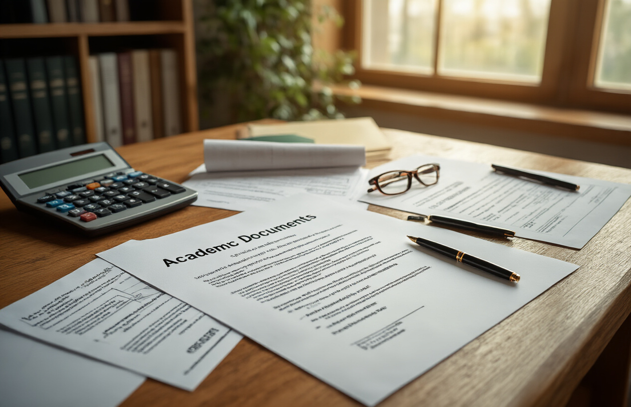 Create a realistic image of academic documents and certificates spread on a wooden desk including transcripts, diplomas, and grade sheets, with a calculator, pen, and reading glasses nearby, alongside official university admission forms and academic requirement checklists, set in a bright office environment with natural lighting from a window, warm and professional atmosphere, absolutely NO text should be in the scene.
