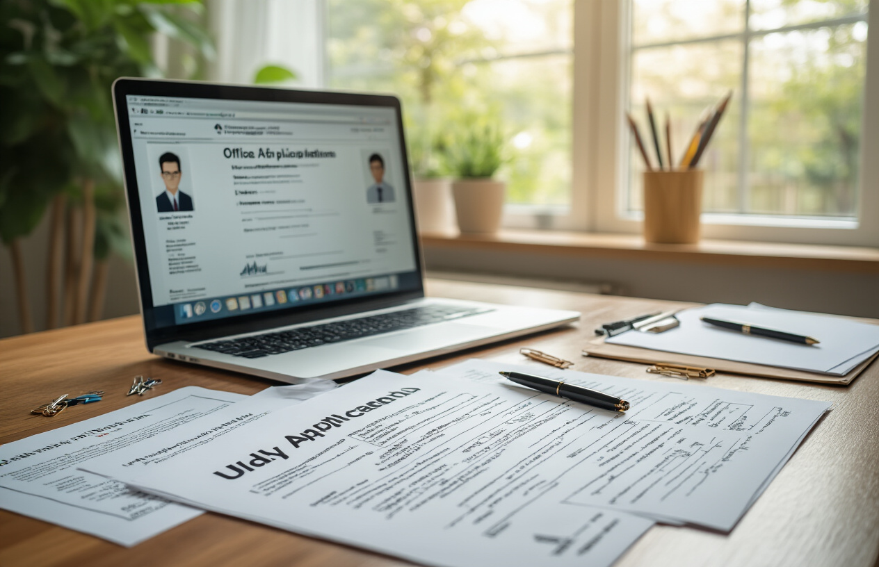 Create a realistic image of a well-organized desk scene showing university application materials including official application forms, academic transcripts, identification documents, passport-sized photographs, and recommendation letters neatly arranged on a wooden desk surface, with a laptop computer displaying an online application portal, a black pen, paper clips, and a manila folder in the background, bright natural lighting from a window creating a professional academic atmosphere, absolutely NO text should be in the scene.