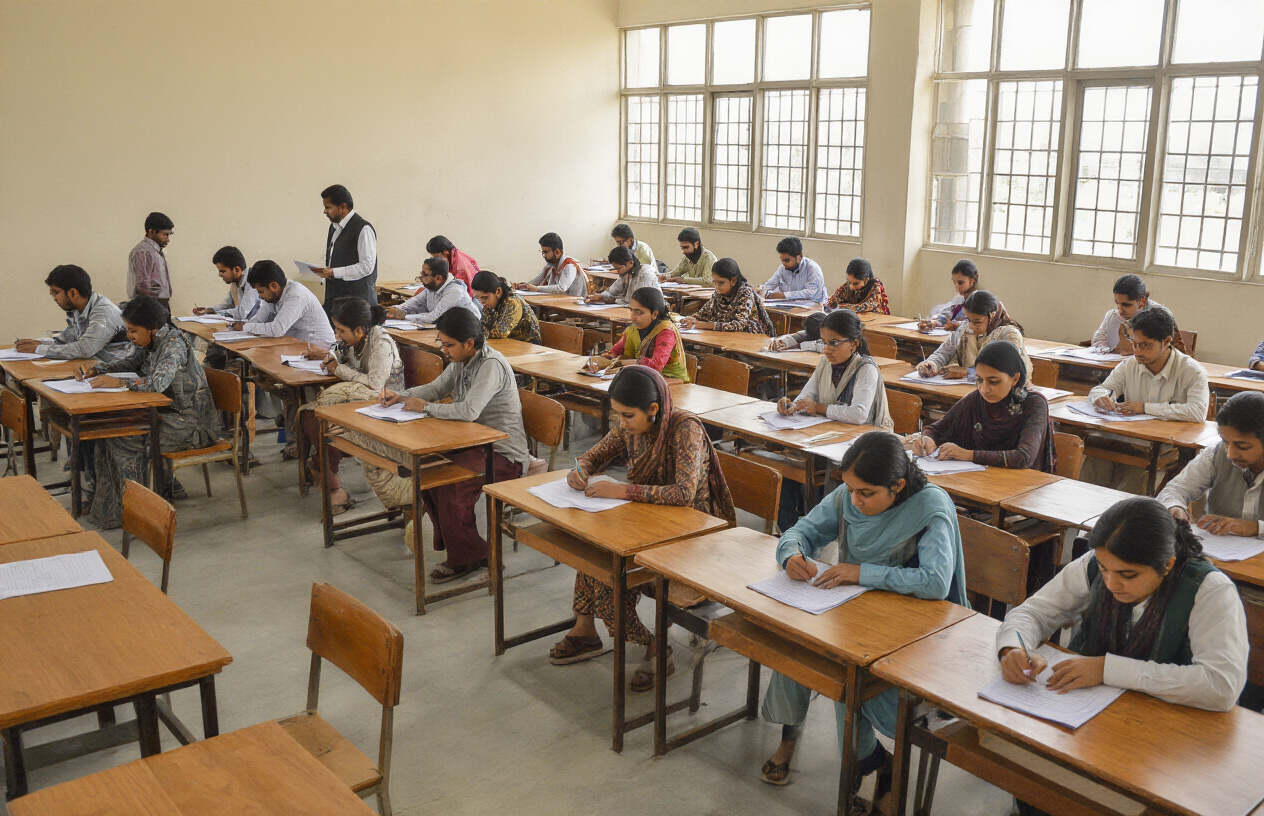 Create a realistic image of a Pakistani university examination hall with rows of wooden desks and chairs where diverse South Asian students (male and female) are taking written entrance tests, with invigilators walking between the rows, the scene shows a formal academic testing environment with proper lighting from large windows, students are focused on their answer sheets with pencils and pens, the atmosphere is serious and concentrated, the hall has a clean institutional appearance with neutral colored walls, absolutely NO text should be in the scene.