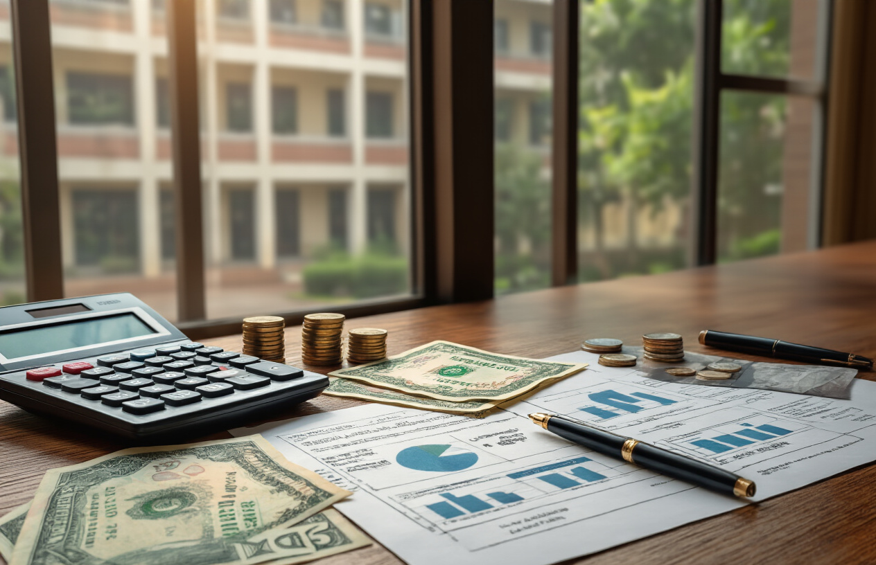 Create a realistic image of Pakistani rupee banknotes and coins spread across a wooden desk alongside a calculator, a pen, and official university fee documents with charts and graphs showing tuition costs, with a modern university building visible through a window in the background, warm natural lighting illuminating the scene from the left side, absolutely NO text should be in the scene.