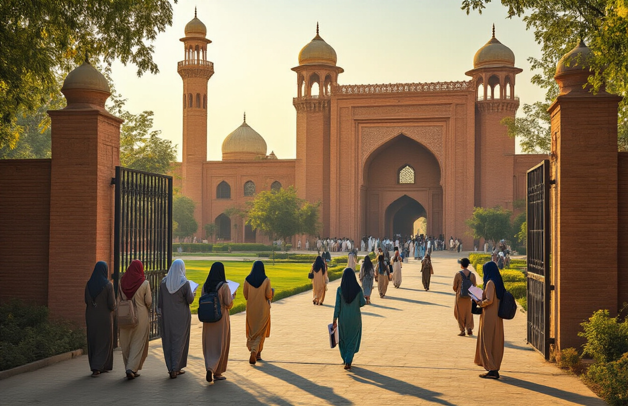 Create a realistic image of a diverse group of hopeful students of various ethnicities including Pakistani, South Asian, and Middle Eastern male and female students standing outside the main entrance gates of Bahauddin Zakariya University in Multan, with the university's distinctive Islamic architecture featuring traditional red brick buildings, minarets, and arched doorways visible in the background, students holding admission documents and folders, warm golden sunlight creating an optimistic atmosphere during late afternoon, lush green campus lawns and trees surrounding the scene, with students appearing excited and confident about their future academic journey, shot from a medium distance to capture both the students and the impressive university facade, absolutely NO text should be in the scene.