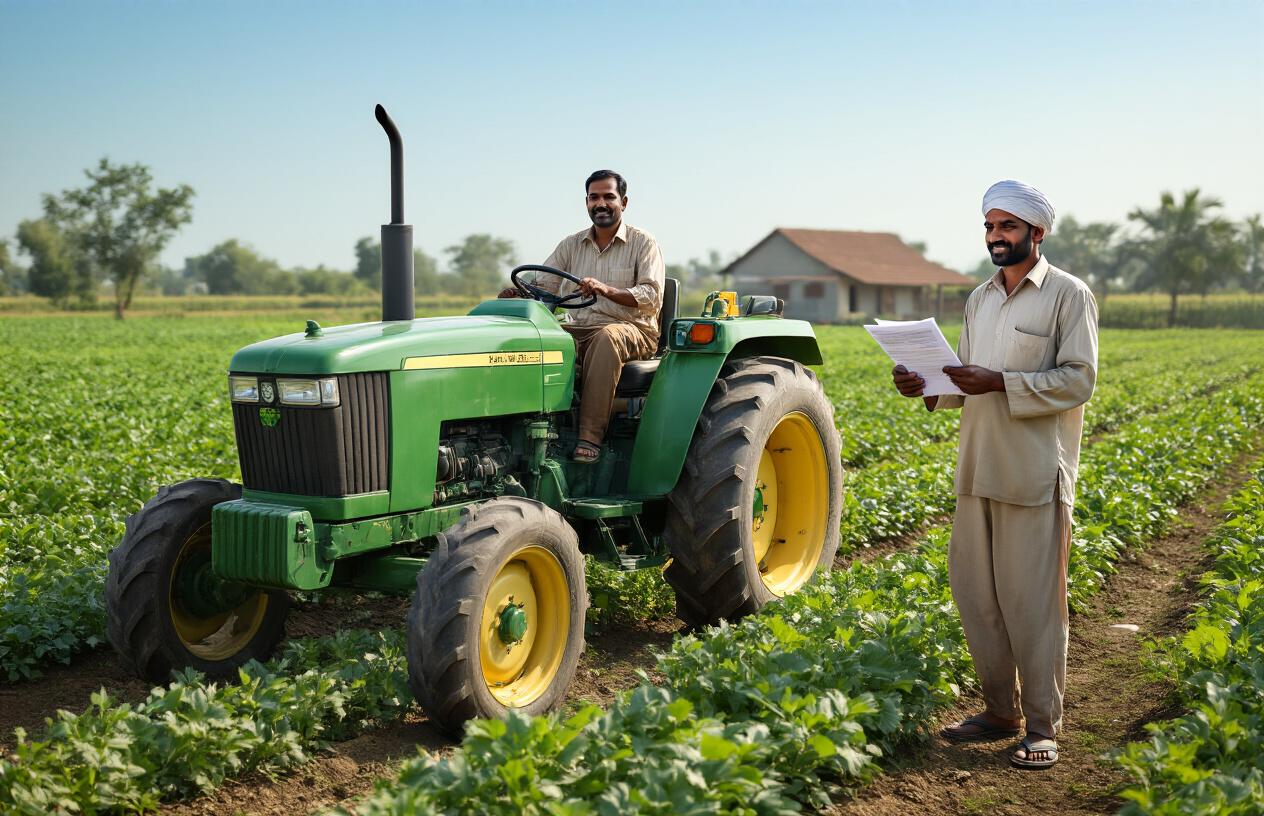 Create a realistic image of a modern green tractor parked in a lush agricultural field with rows of crops, featuring a middle-aged Indian male farmer in traditional work clothes standing beside the tractor holding documents or application papers, with a rural farmhouse and clear blue sky in the background, conveying prosperity and agricultural advancement, shot in natural daylight with warm lighting, absolutely NO text should be in the scene.