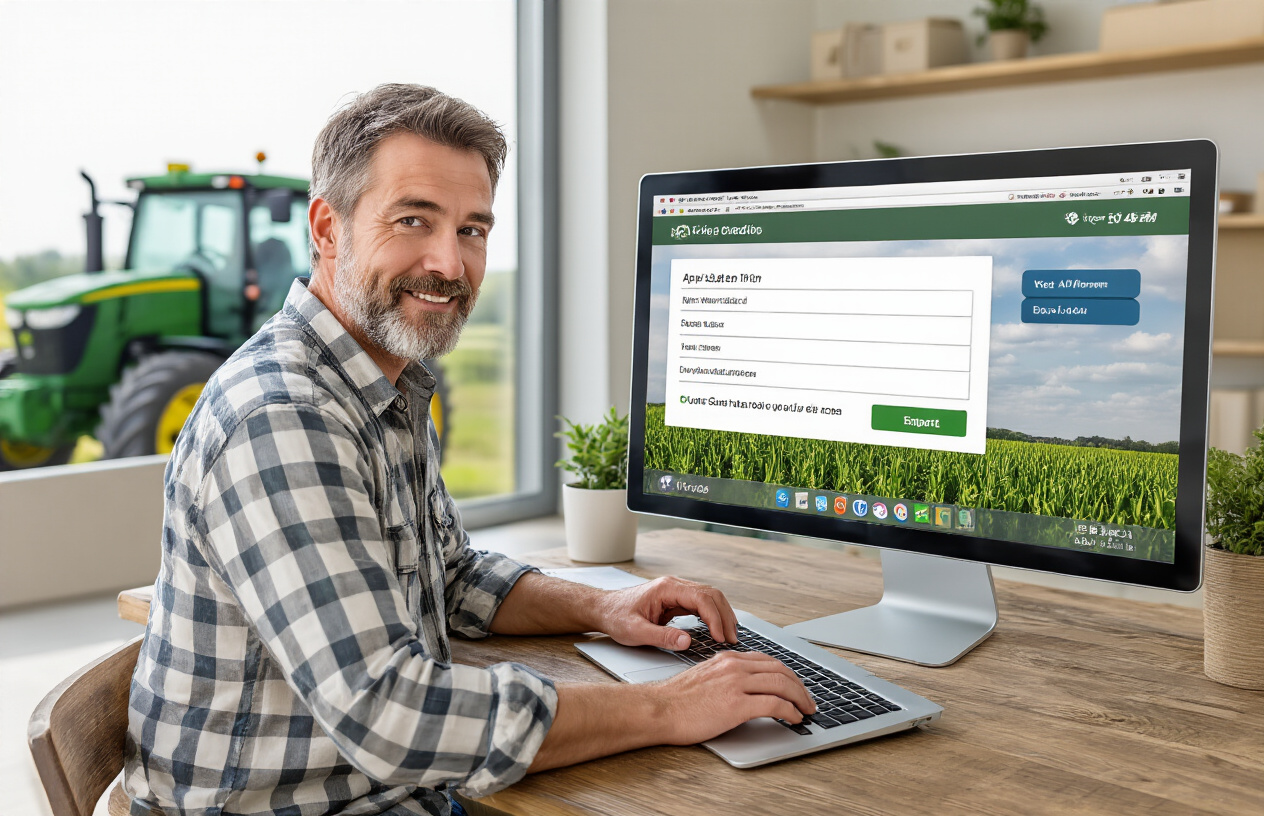 Create a realistic image of a modern computer screen displaying an online application form interface with multiple step indicators at the top, a white male farmer in his 40s sitting at a wooden desk typing on a laptop keyboard, green tractor visible through a window in the background, clean office environment with natural lighting, professional and organized atmosphere showing the digital application process in progress, absolutely NO text should be in the scene.